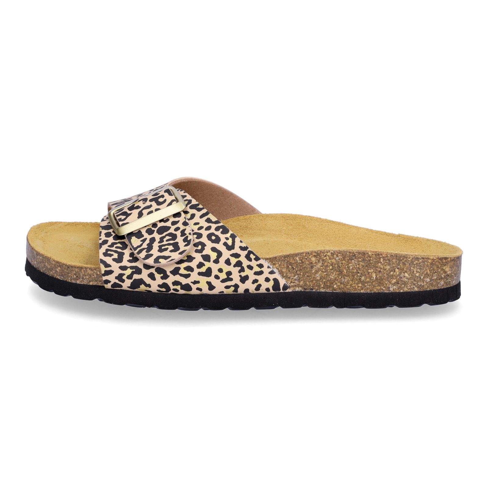 MIDS MONA Damen Pantolette leo Animalprint, Einriemer mit Lederfußbett, Korksohle und Schnalle