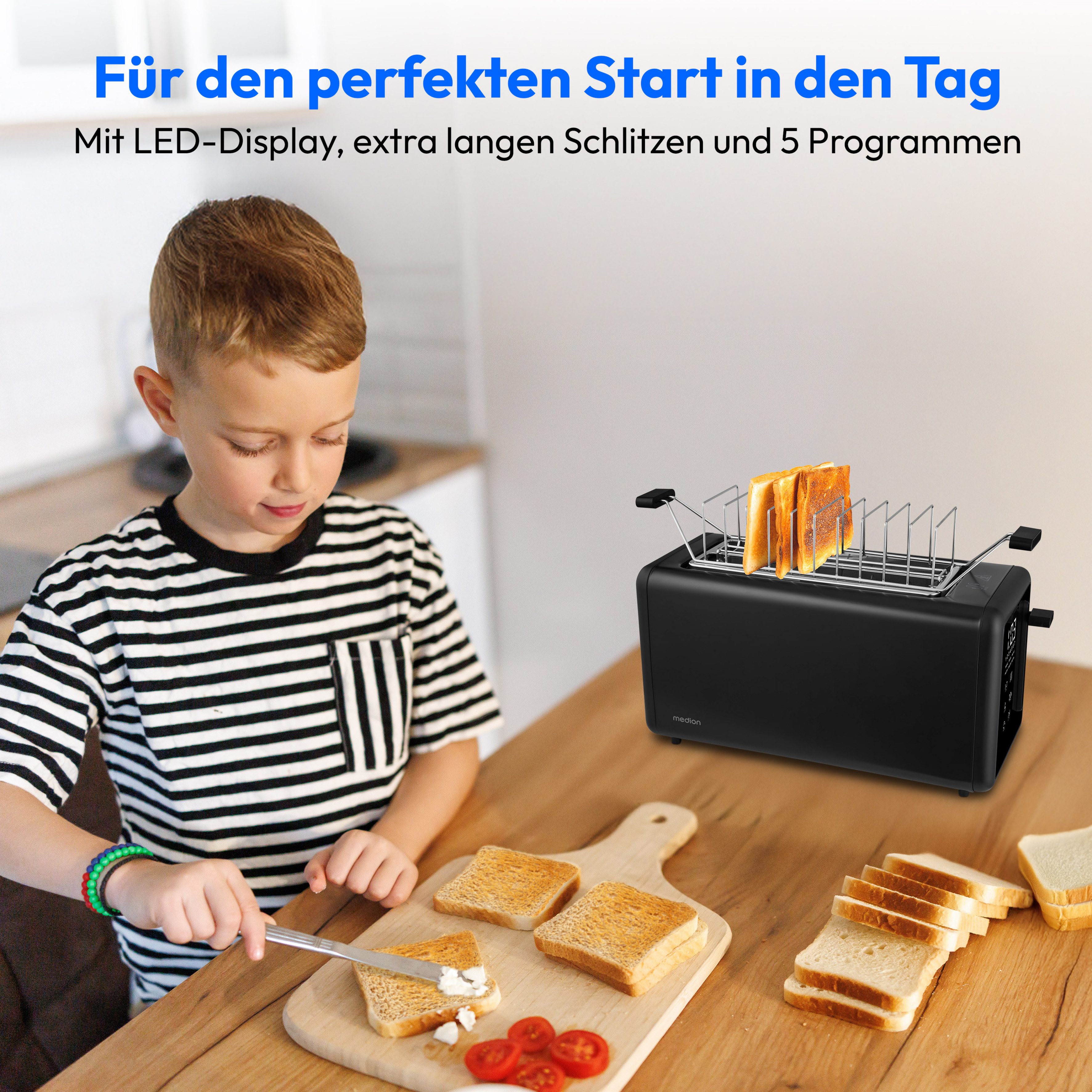 Medion® Toaster Langschlitztoaster, MD12103, LED Sensor-Touch-Display, 2 lange Schlitze, für 4 Scheiben, 1450 W, abnehmbarer Brötchenaufsatz