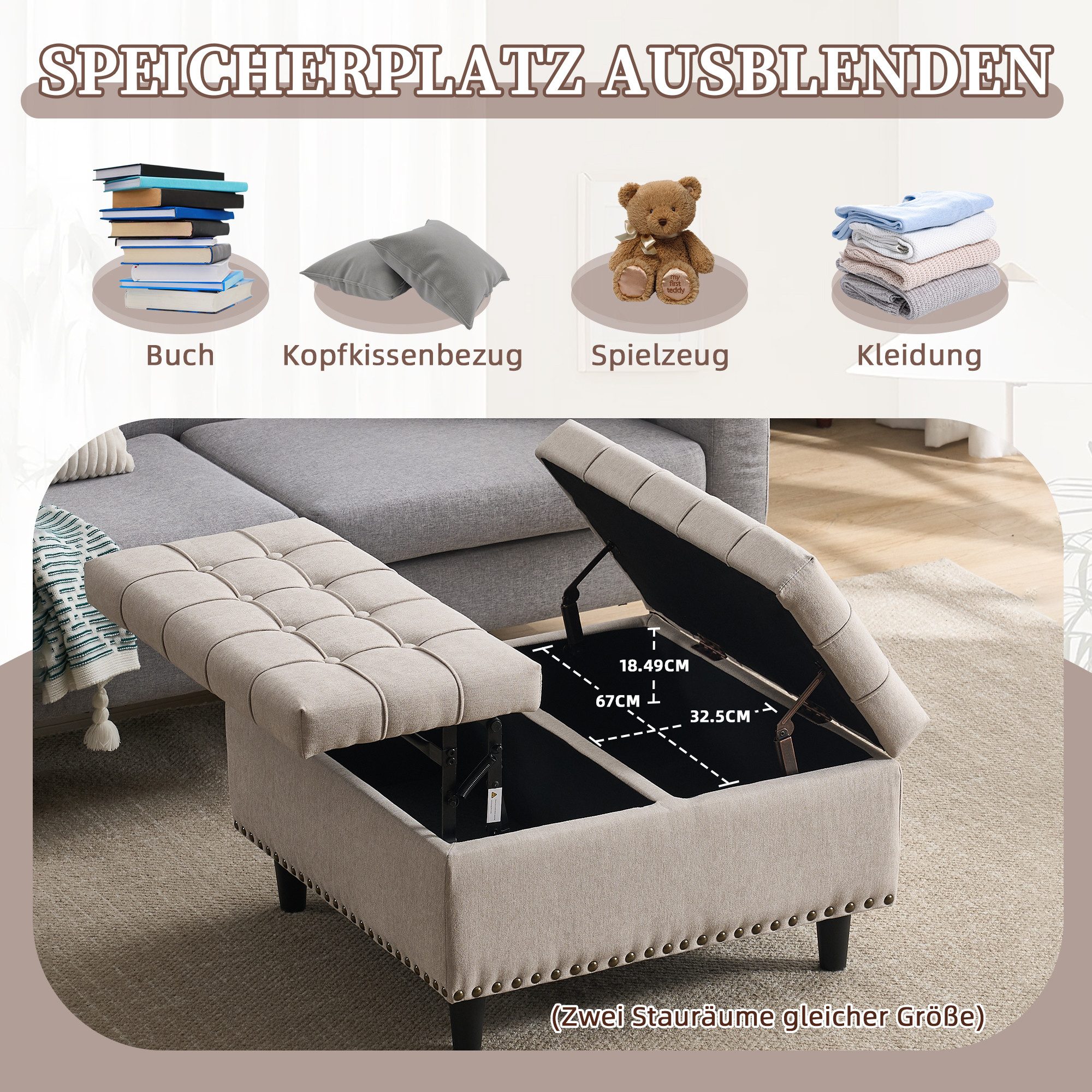 Totnz Polsterbank Aufbewahrungsstuhl mit 2 Ebenen Stauraum, beidseitig öffnend (bis 130 kg belastbar), gepolstert für Wohnzimmer und Schlafzimmer