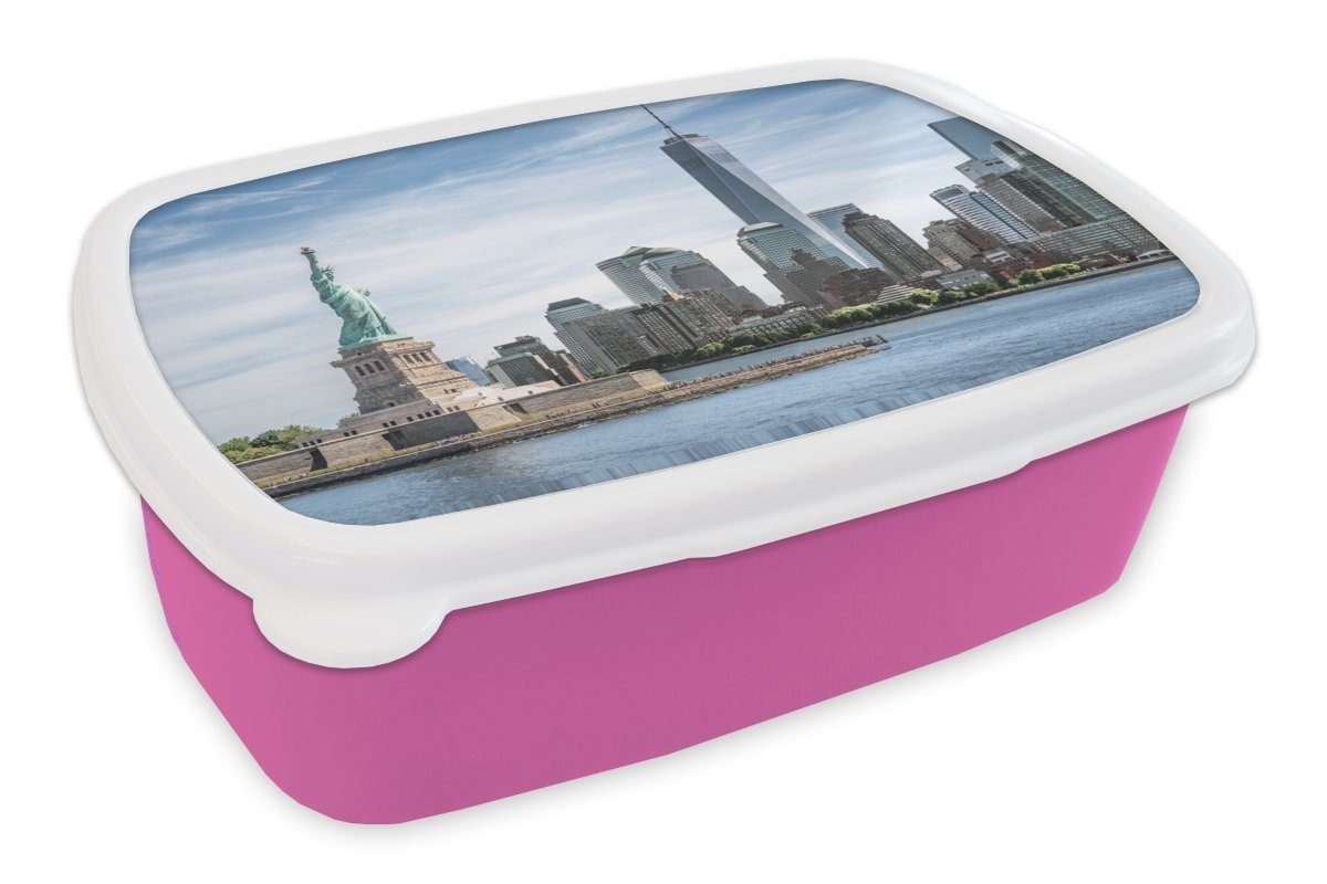 MuchoWow Lunchbox New York - Freiheitsstatue - Wasser, Kunststoff, (2-tlg), Brotbox für Erwachsene, Brotdose Kinder, Snackbox, Mädchen, Kunststoff rosa