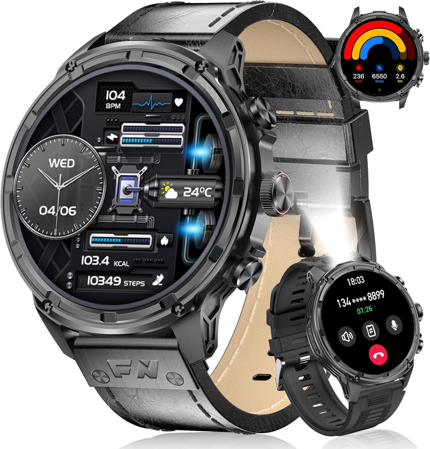 Lige Herren"s Outdoor; Wearable mit LED-Licht, Telefonfunktion & IP68 Smartwatch (4,7 cm, Android iOS), mit 100+ Sportmodi, Langzeitakku & Gesundheitsmonitor Schlafmonitor