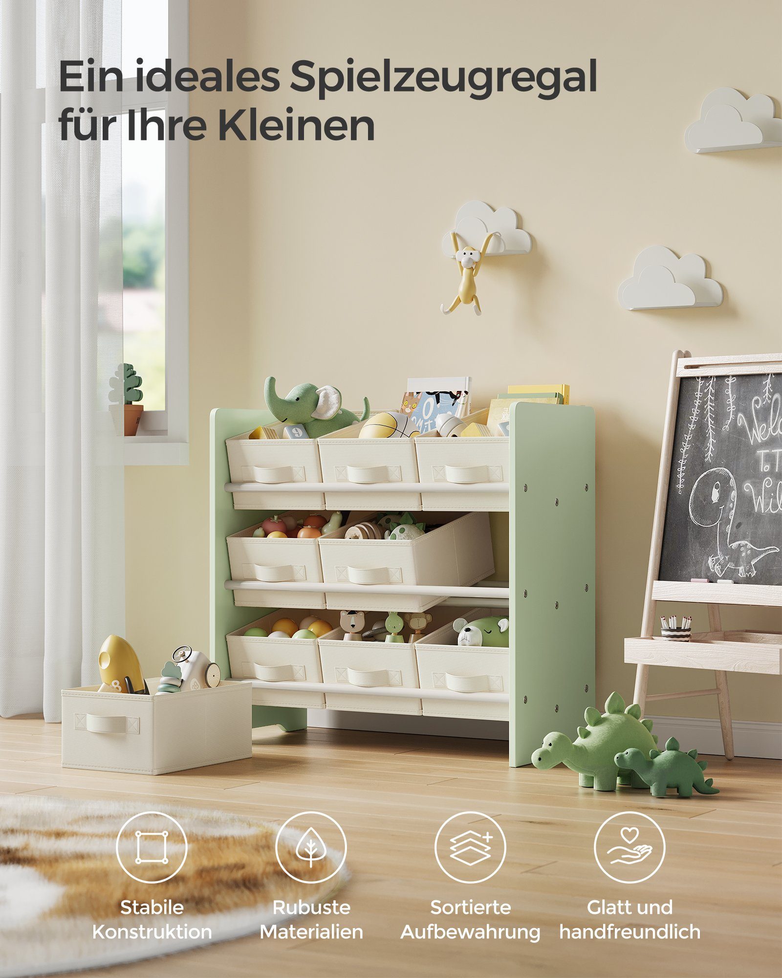SONGMICS Spielzeugtruhe Kinderregal Bücherregal Kinder, mit 9 Aufbewahrungsboxen aus Vliesstoff, Kinderzimmer Regal