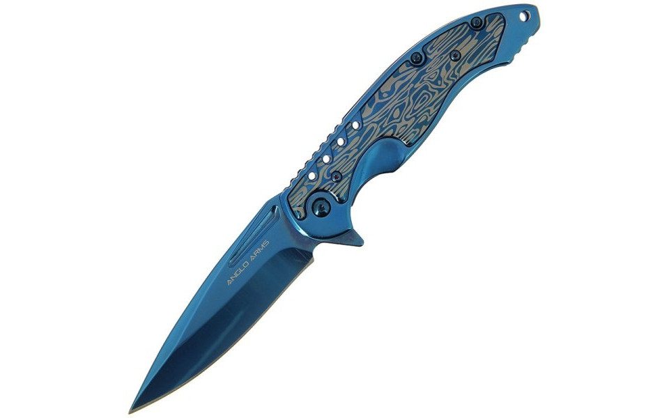 Anglo Arms Taschenmesser Anglo Arms Aluminium Einhandmesser blau Damastoptik, blaue Klinge, (1 St), blaue Oberfläche und Hosenclip