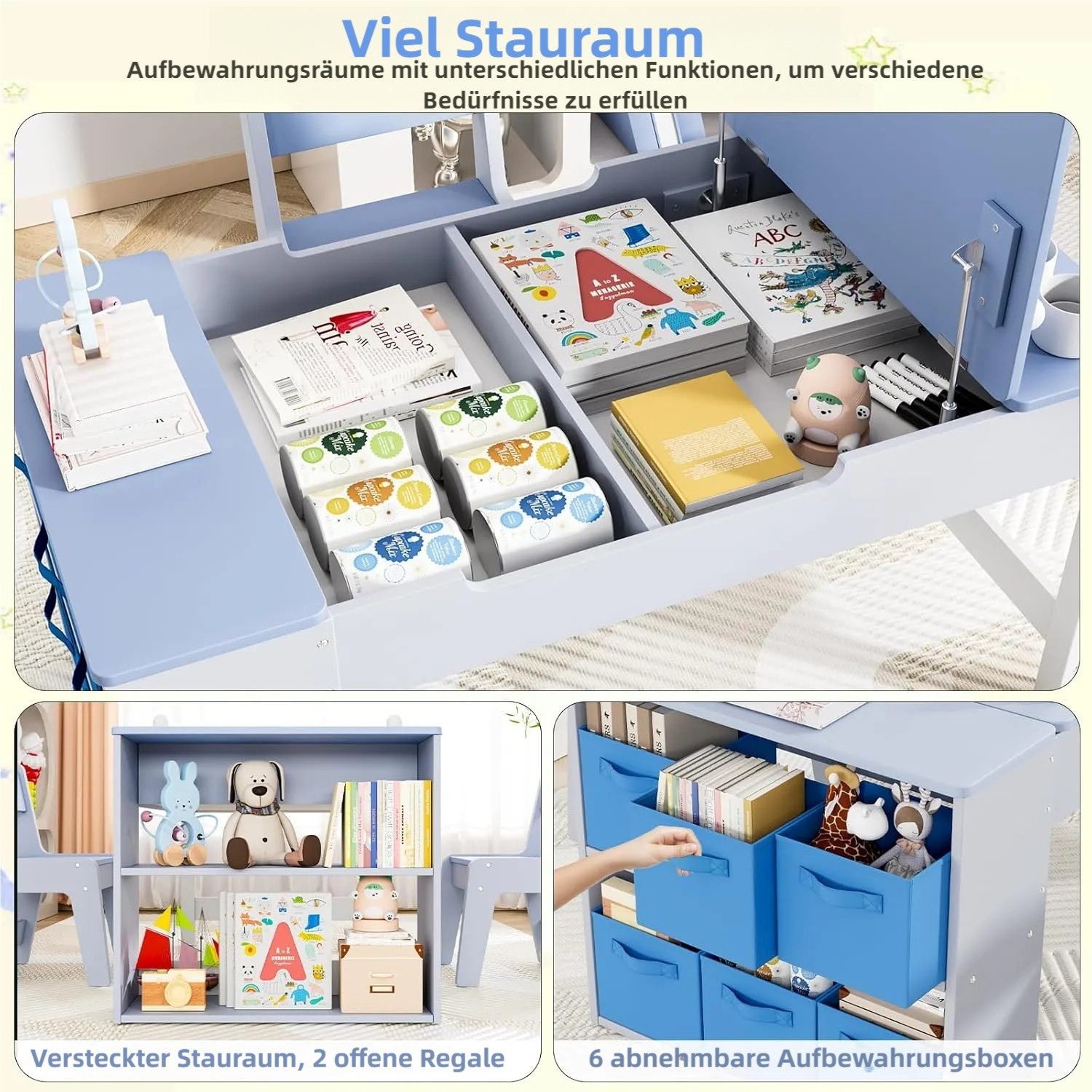 TLGREEN Kindertisch mit 2 Satz Stühlen, Kinder Tisch Stuhl Set Holz (Kindermaltisch mit Papierrolle und Stauraum, Mal und Basteltisch), Wasserdichtes Kindertisc – Bild 5 von 5