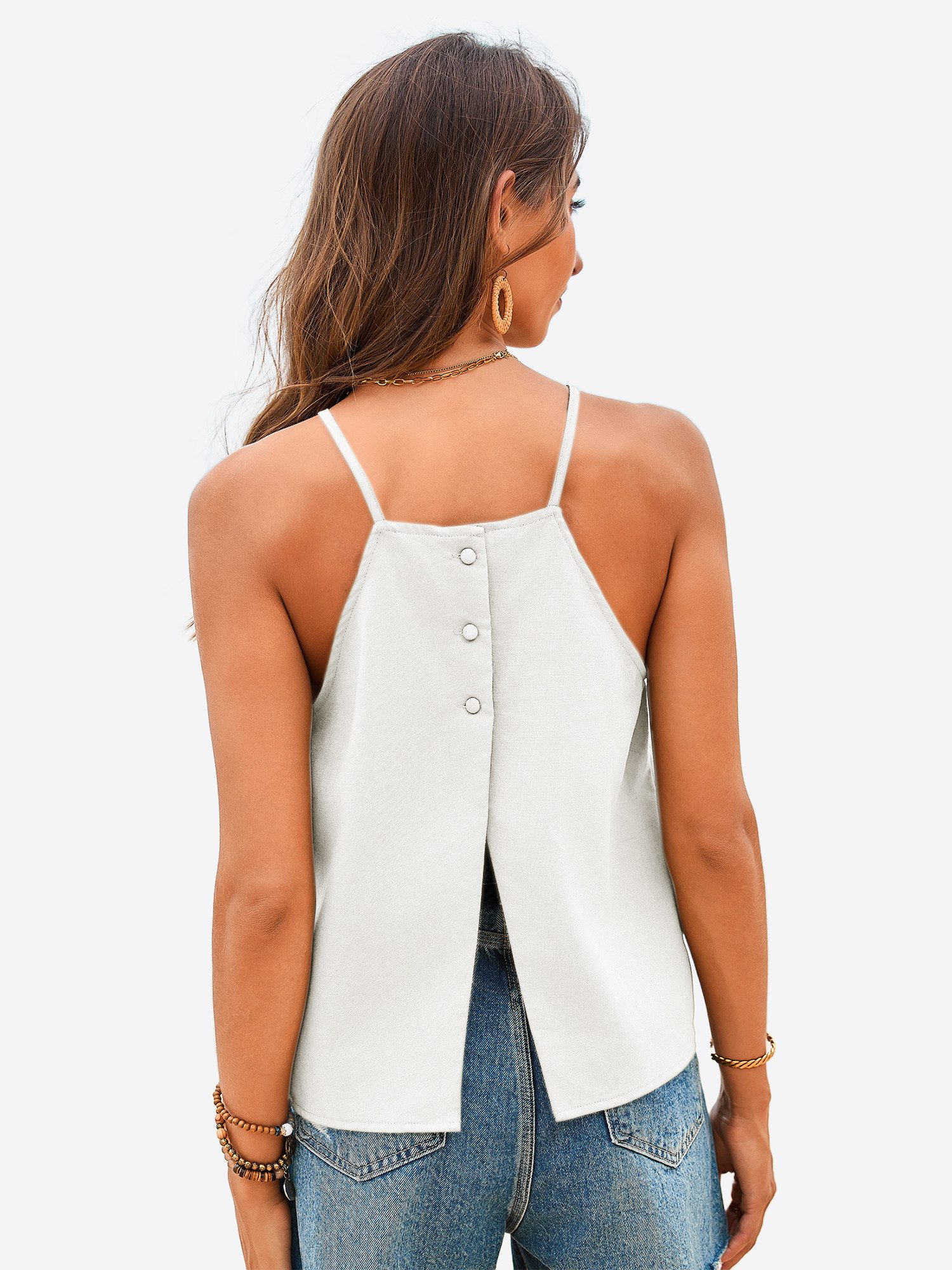 Imily Bela Trägertop Damen Lockeres Tanktop mit Rückenschlitz & Knöpfen (Packung, 1-tlg., 1per-Pack) Hoher Rundhals – Bild 2 von 5