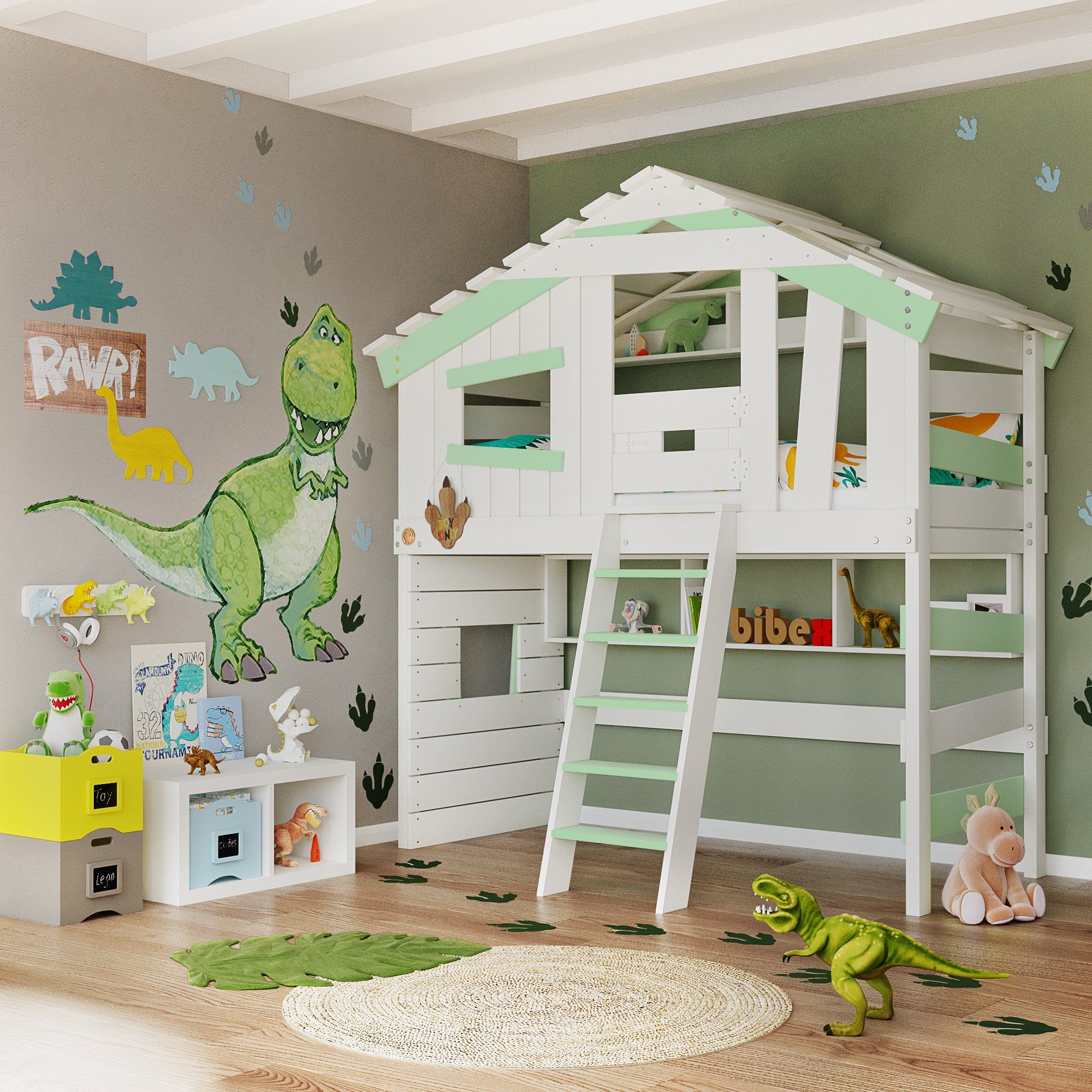 bibex Hochbett ALPIN CHALET Hochbett, Kinderbett, Doppelbett - Grün/Weiss
