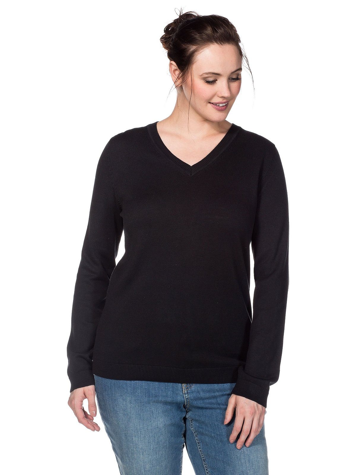 Sheego V-Ausschnitt-Pullover Große Größen Feinstrick schwarz aus