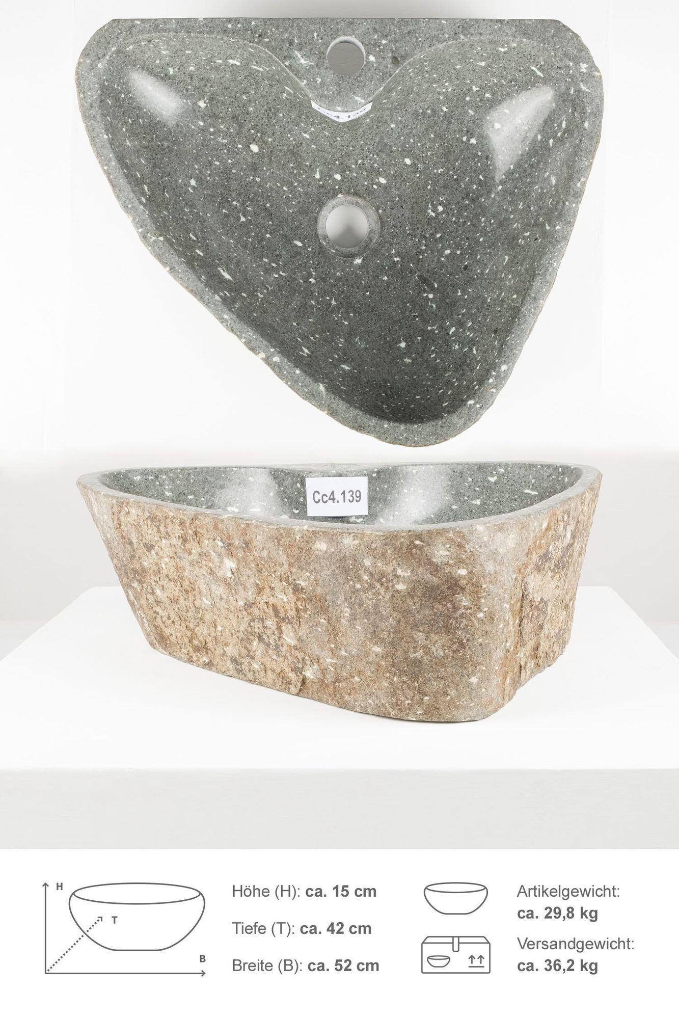 Aufsatzwaschbecken Naturstein Waschbecken 50 cm mit Hahnloch