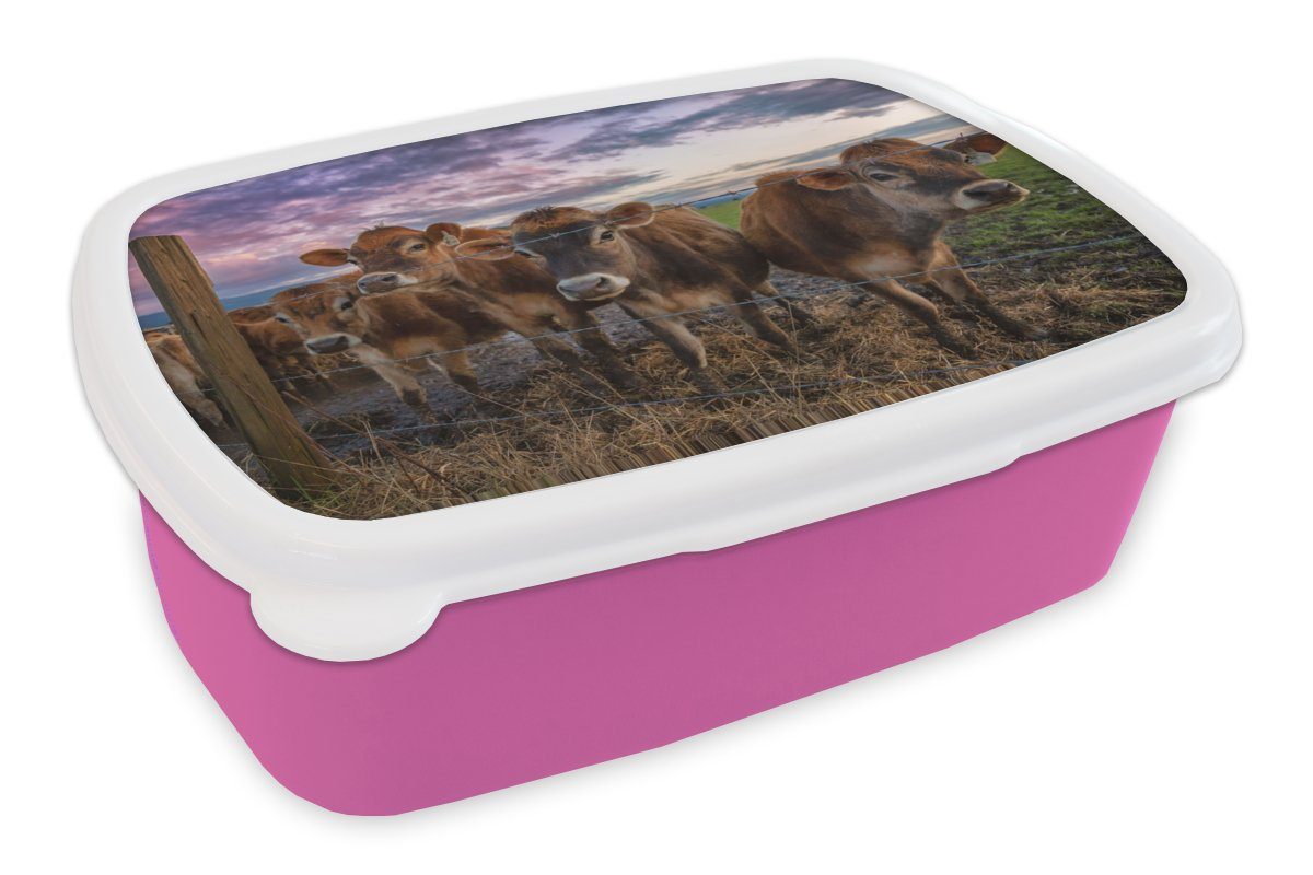 MuchoWow Lunchbox Kuh - Tiere - Kühe, Kunststoff, (2-tlg), Brotbox für Erwachsene, Brotdose Kinder, Snackbox, Mädchen, Kunststoff rosa