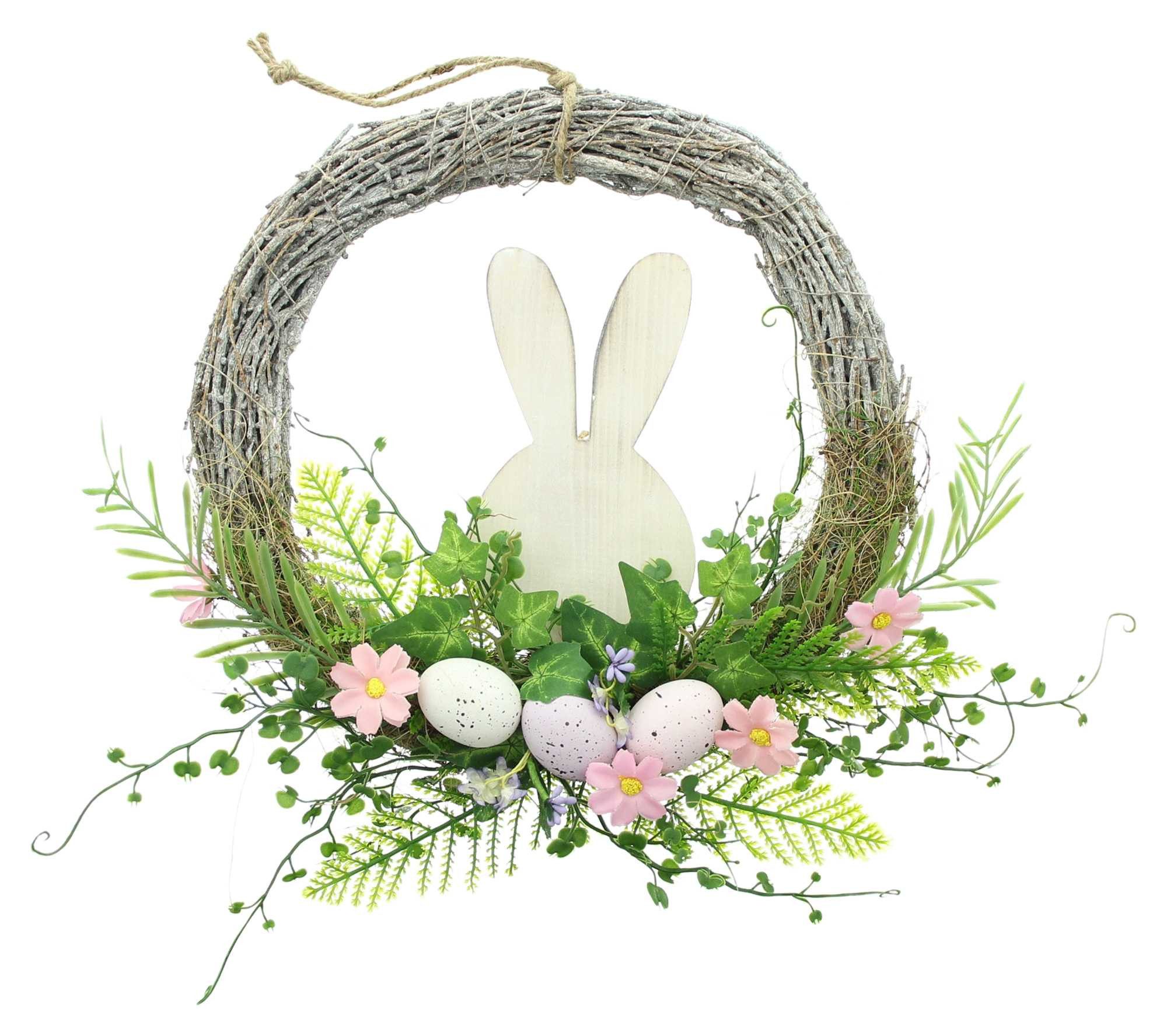 Dekoleidenschaft Osterkranz "Holzhäschen" Ø 31 cm aus Reisig, Dekokranz, Türkranz, Wandkranz, rustikaler Frühlingskranz mit Ostereiern, Blüten & Pflanzen