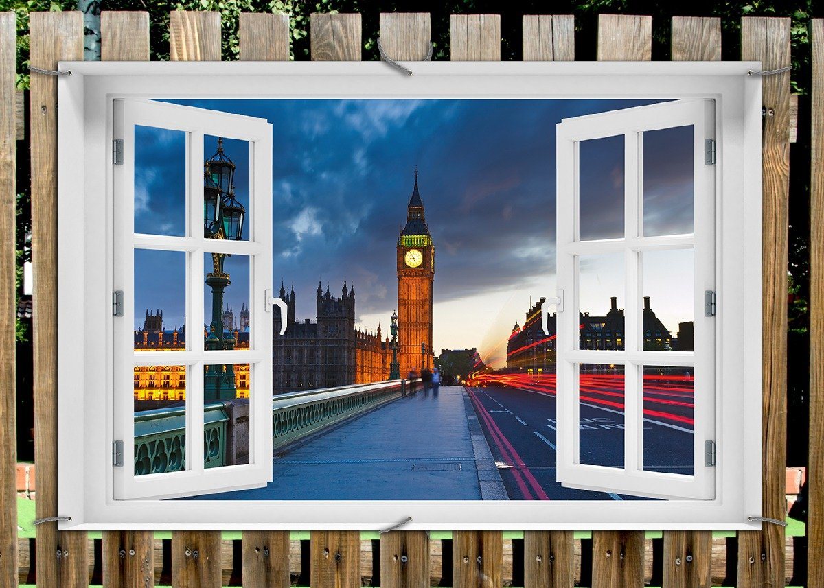 Thumbnail - Wallario Sichtschutzzaunmatten London- Big Ben bei Nacht, mit Fenster-Illusion
