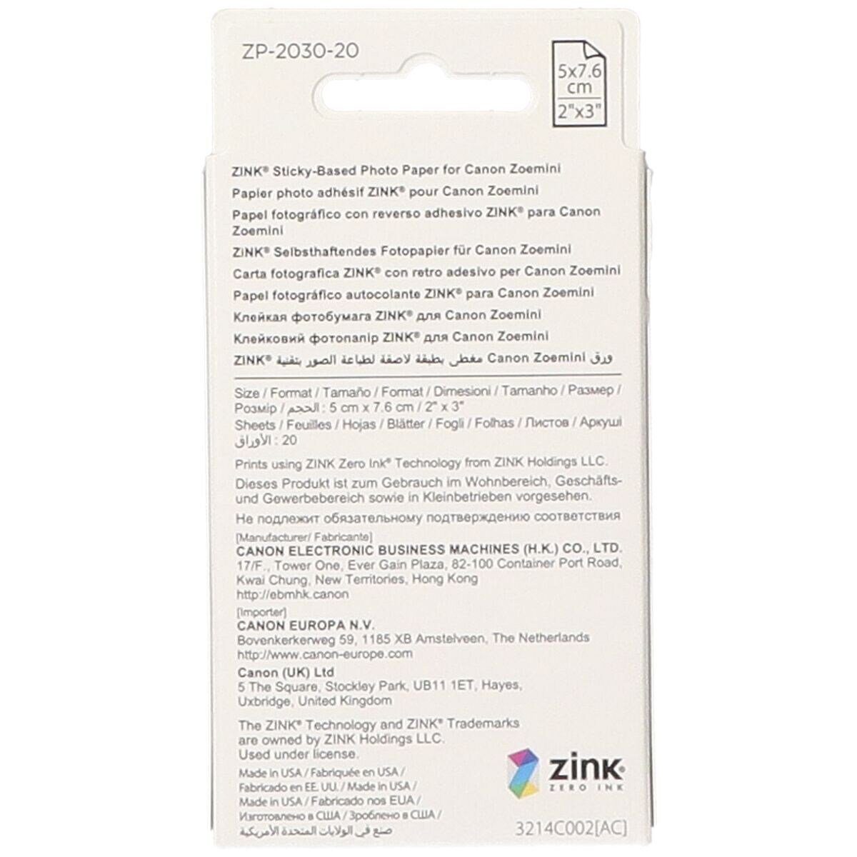 Canon Fotopapier Zink, für Canon Zoemini Sofortbildkameras, 5x7,6 cm