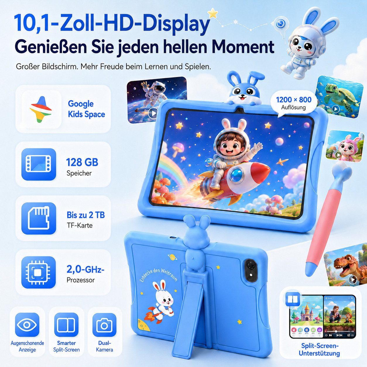 VekfulPC 10.1" 128GB Kids Tablet mit TPU-Schutzhülle/Stift/Smartwatch Tablet (10.1", 128 GB, Android16, 5000 mAh, Kindersicherung, Widevine L1, WiFi 6, Kids Spa – Bild 2 von 5