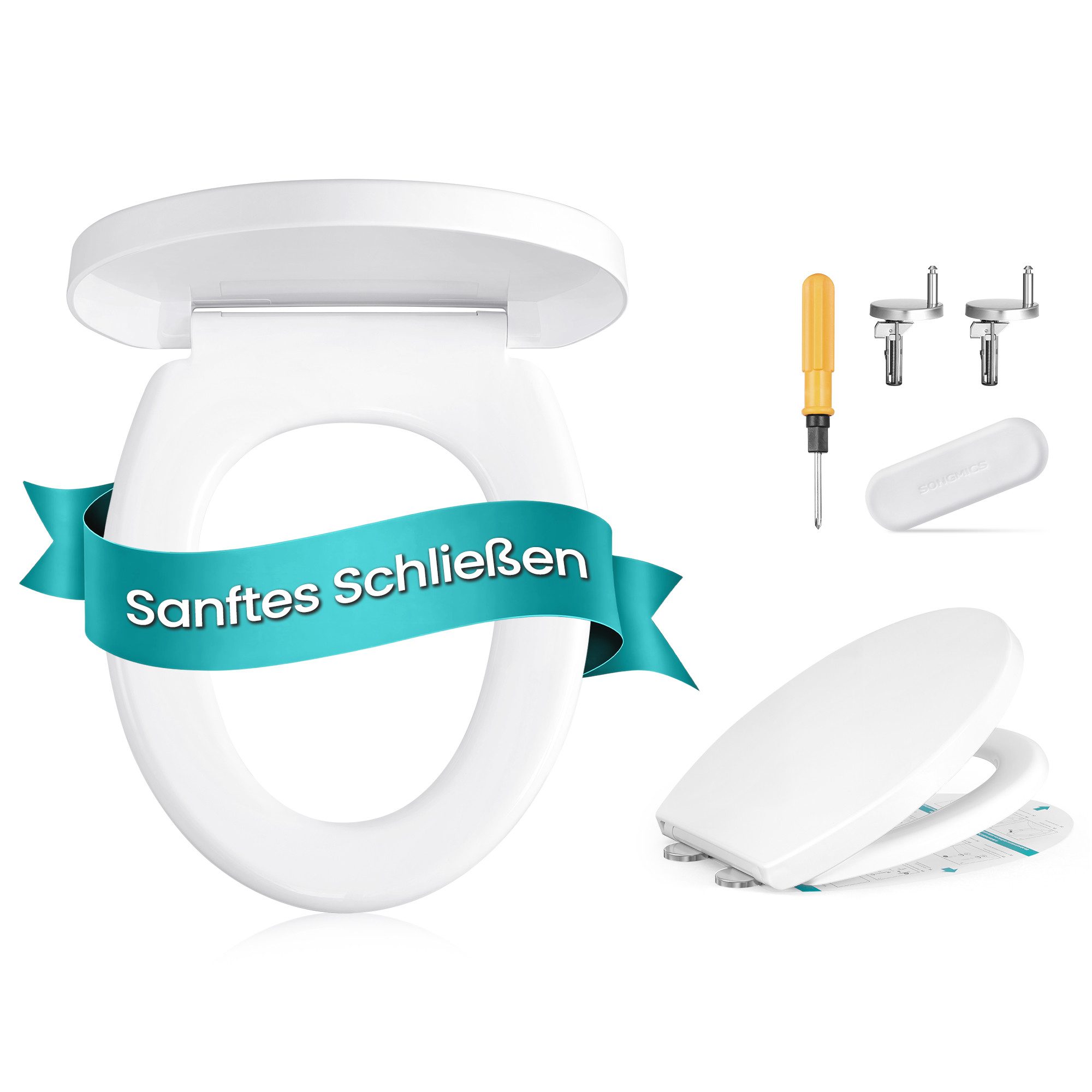 SONGMICS WC-Sitz Absenkautomatik, Toilettendeckel, belastbar mit 300 kg, Griff, PP-Kunststoff, einfache Montage