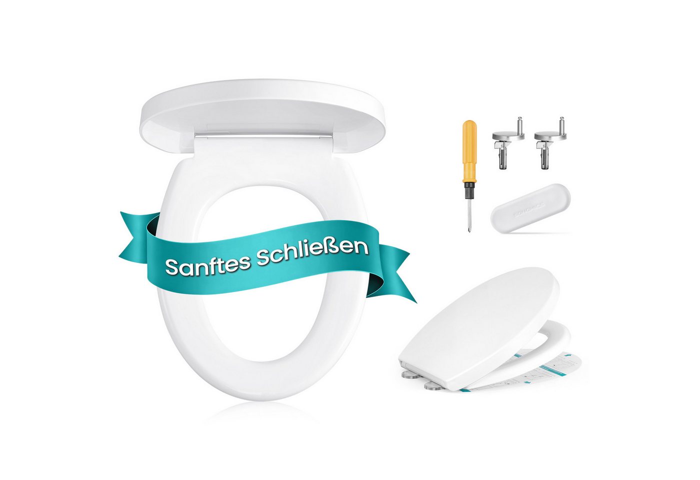 SONGMICS WC-Sitz WC-Sitz mit Absenkautomatik, Griff, Toilettensitz abnehmbar, WC-Deckel PP-Kunststoff, bis 300 kg belastbar, O-Form