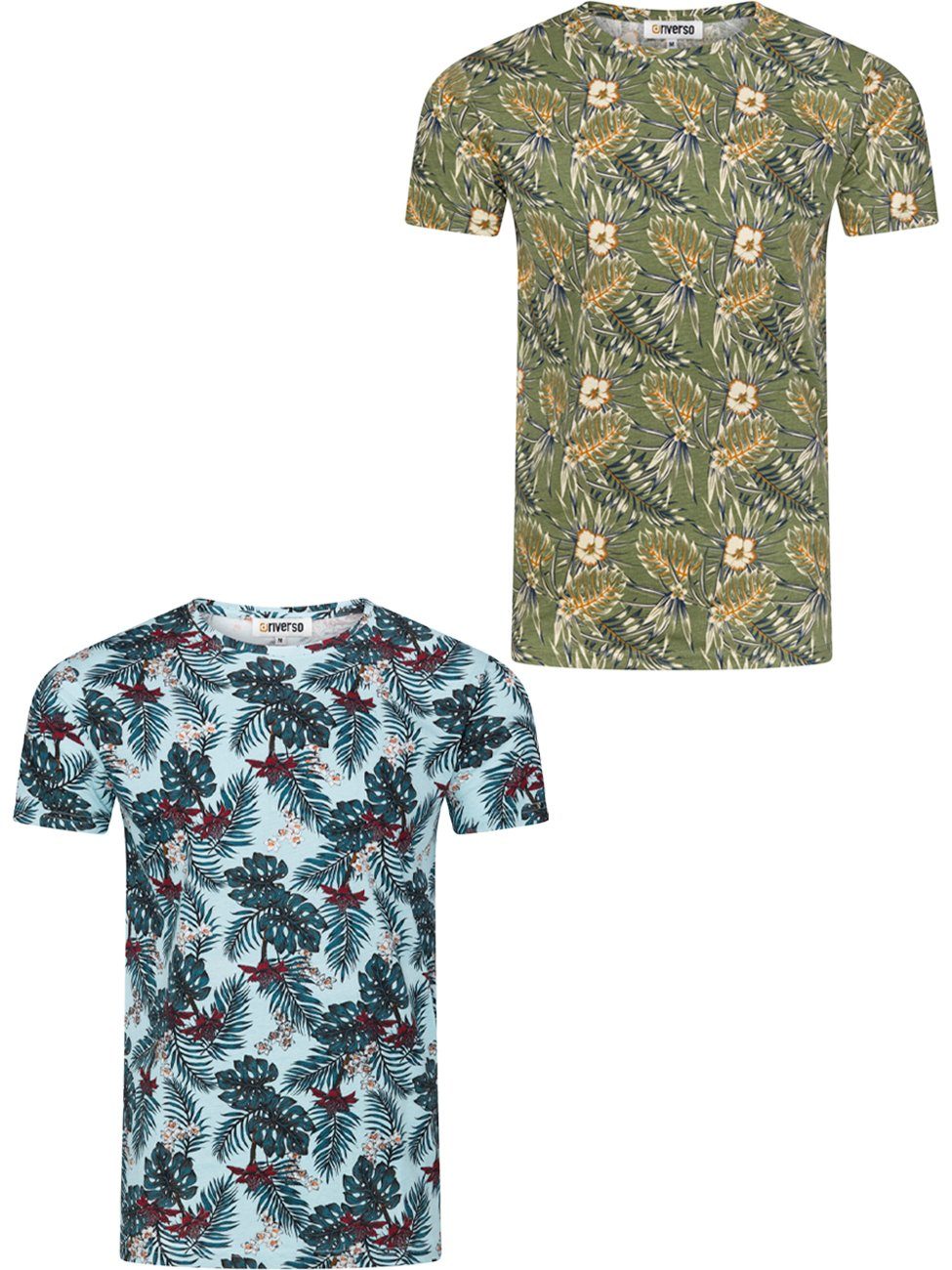 riverso T-Shirt Herren Printshirt RIVBill Regular Fit (2-tlg) Kurzarm Hawaiishirt mit Rundhalsausschnitt aus 100% Baumwolle Farbmix 3