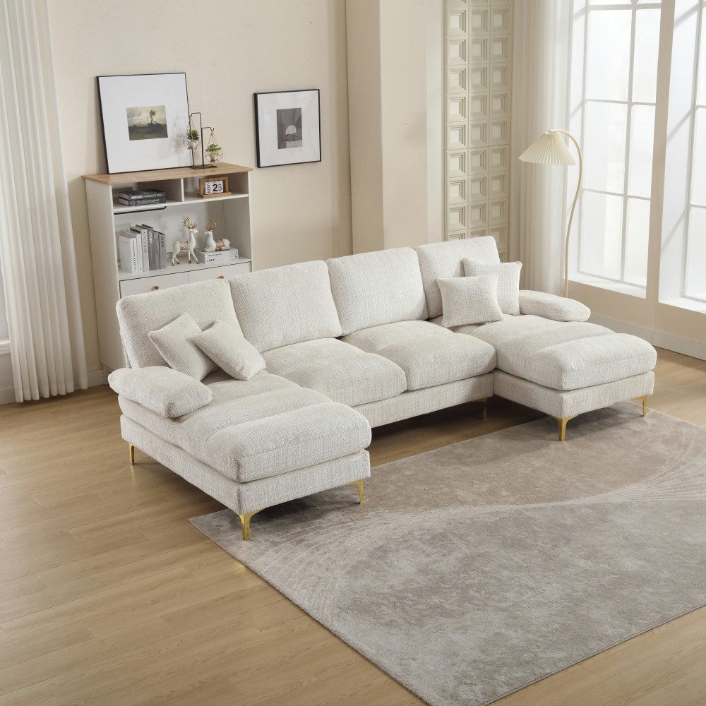 BBG Loungesofa Modernes U-förmiges Ecksofa mit Chenille-Bezug, 4-Sitzer, Wohnlandschaft mit 2 Liegeflächen, Couch mit Kissen & Metallfüßen, Großes Sofa für Wohnzimmer, Apartment, Büro