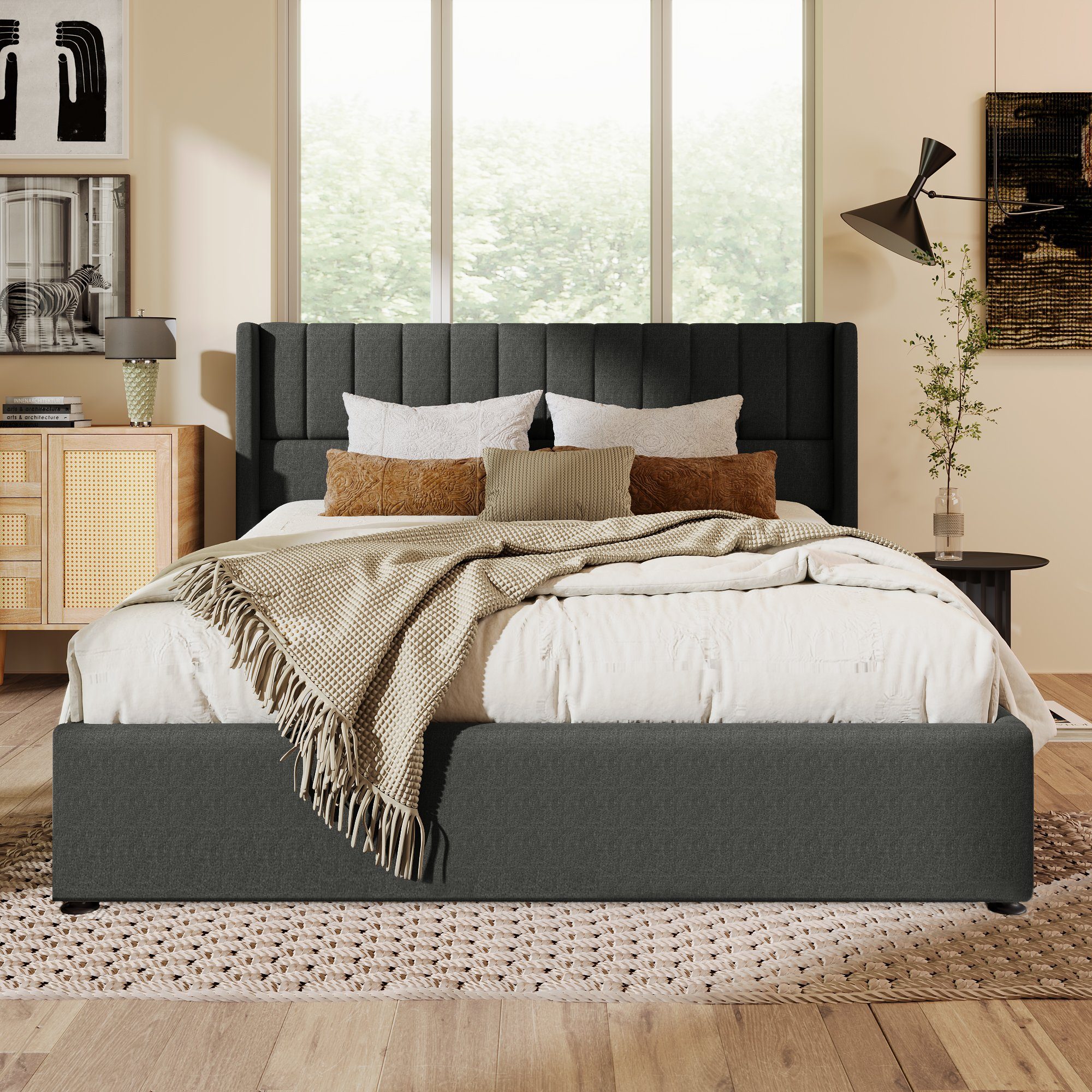 OKWISH Polsterbett Stauraumbett Hydraulisches Bett (140x200cm Grau Leinen ohne Matratze), Bett mit Lattenrost aus Metallrahmen