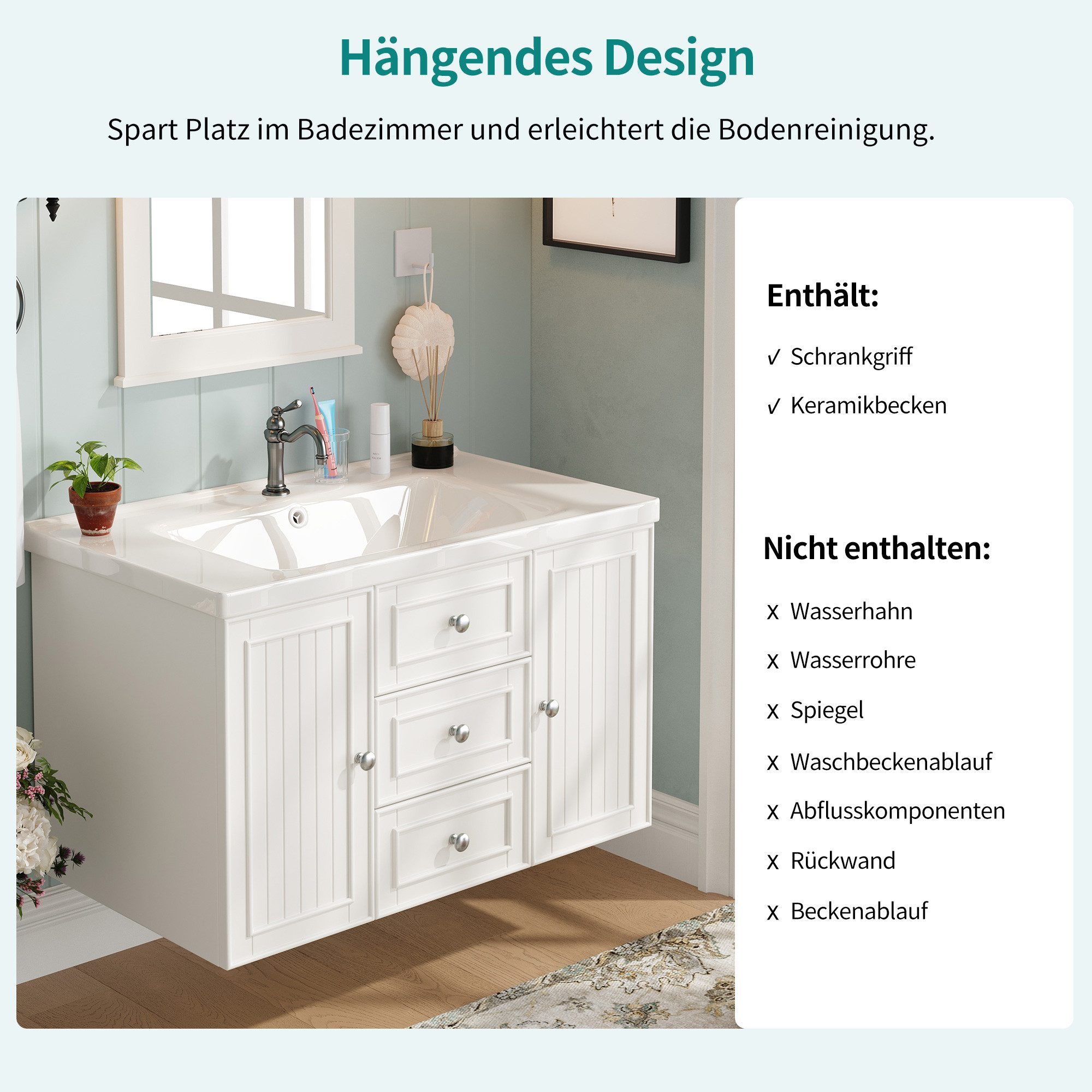 Celya Waschbeckenunterschrank Waschtischunterschrank mit Schubladen und Türen Badezimmerschrank (Mit Keramik-Waschbecken) wandhängend,Viel Stauraum,Wasserdichte – Bild 5 von 5