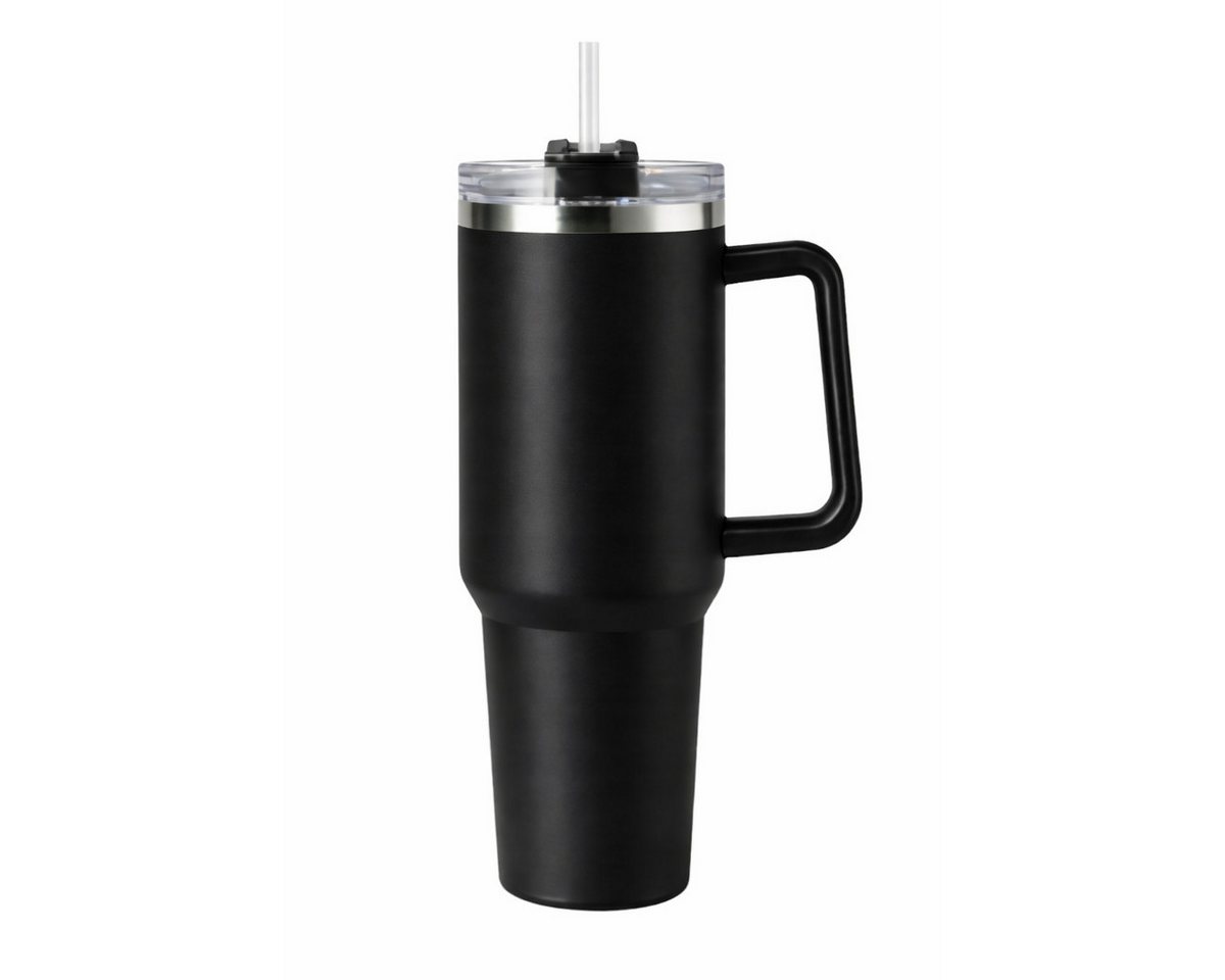 R2 Invest Isolierflasche Tumbler Thermobecher 1200 ml mit Griff und Strohhalm Edelstahl