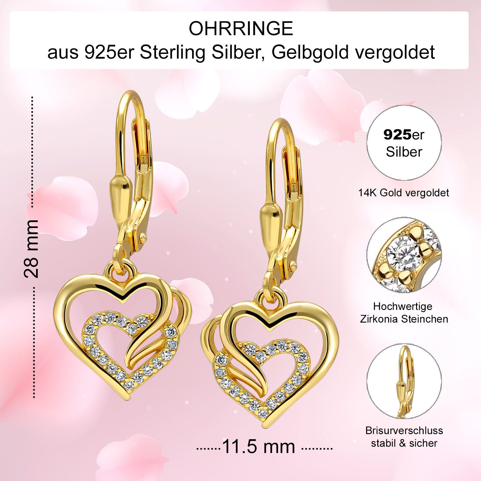 AMERITA Paar Ohrhänger echt 925 Sterling Silber Damen Mädchen Herz Ohrringe goldene – Bild 2 von 5