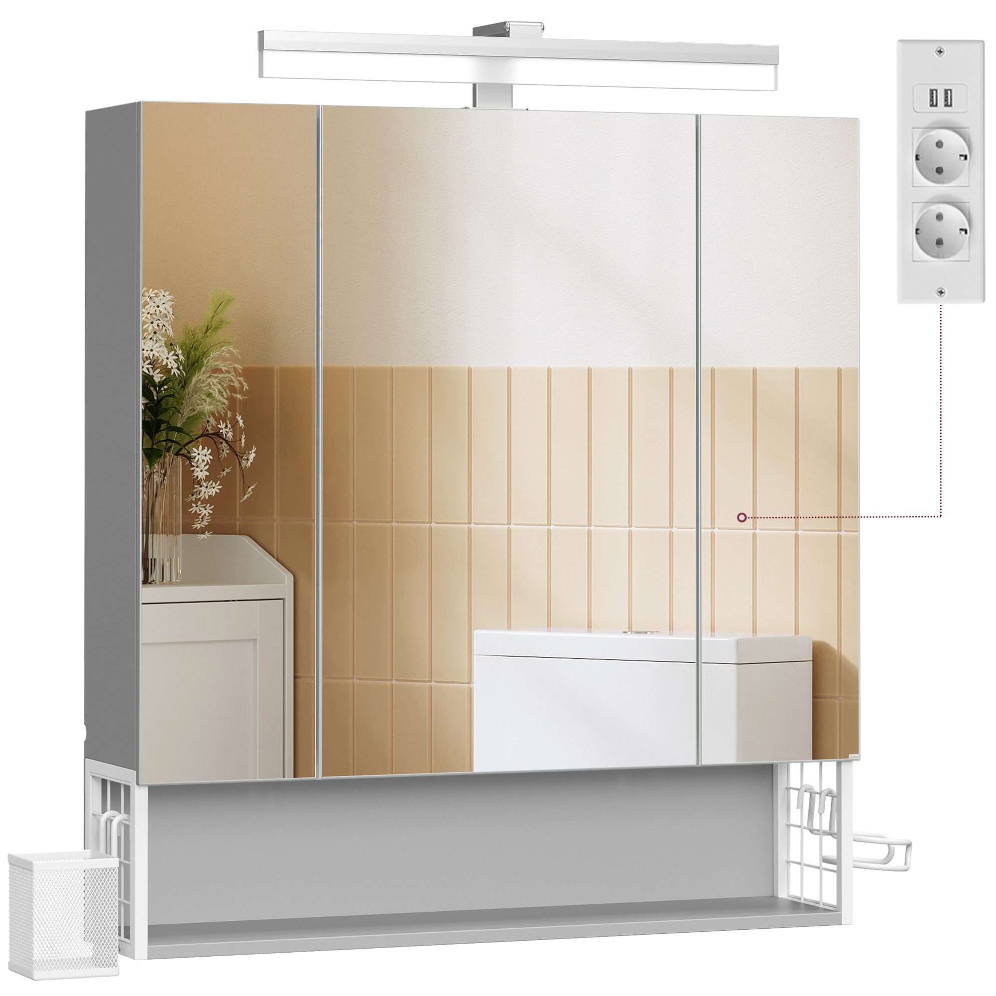 VASAGLE Spiegelschrank Badezimmerschrank Breite 70-90cm, 90° drehbar LED, mit Steckdosen, Haartrockner-Halter