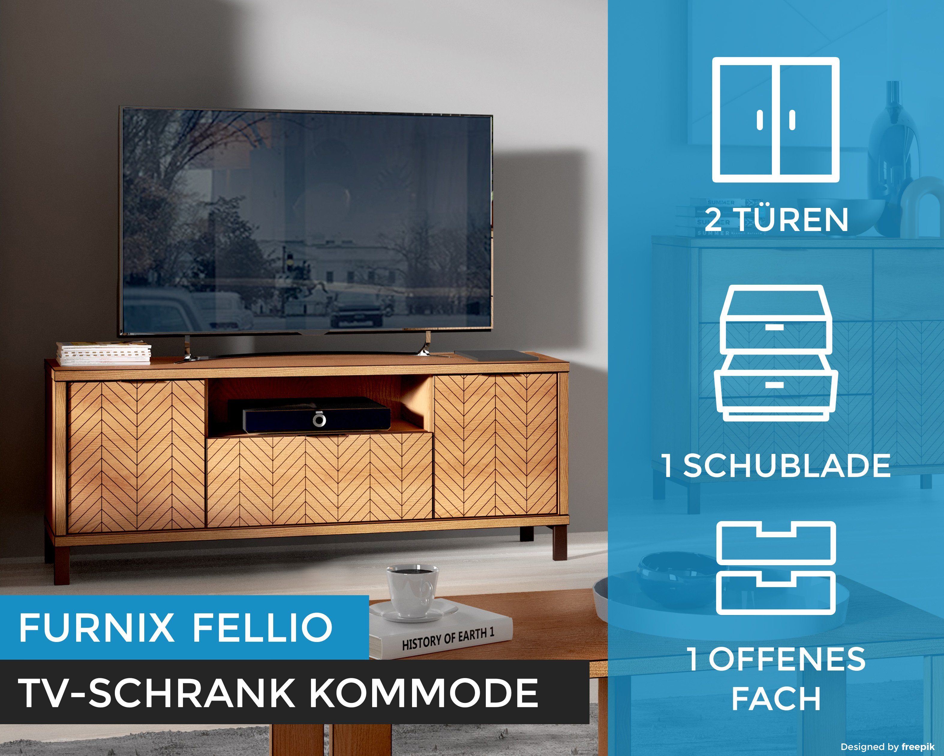 x TV-Schrank H65 cm, Schublade Metallfüße x B117,5 Tür F-7 Design Furnix T40,6 interessantes Karamelleiche und FELLIO