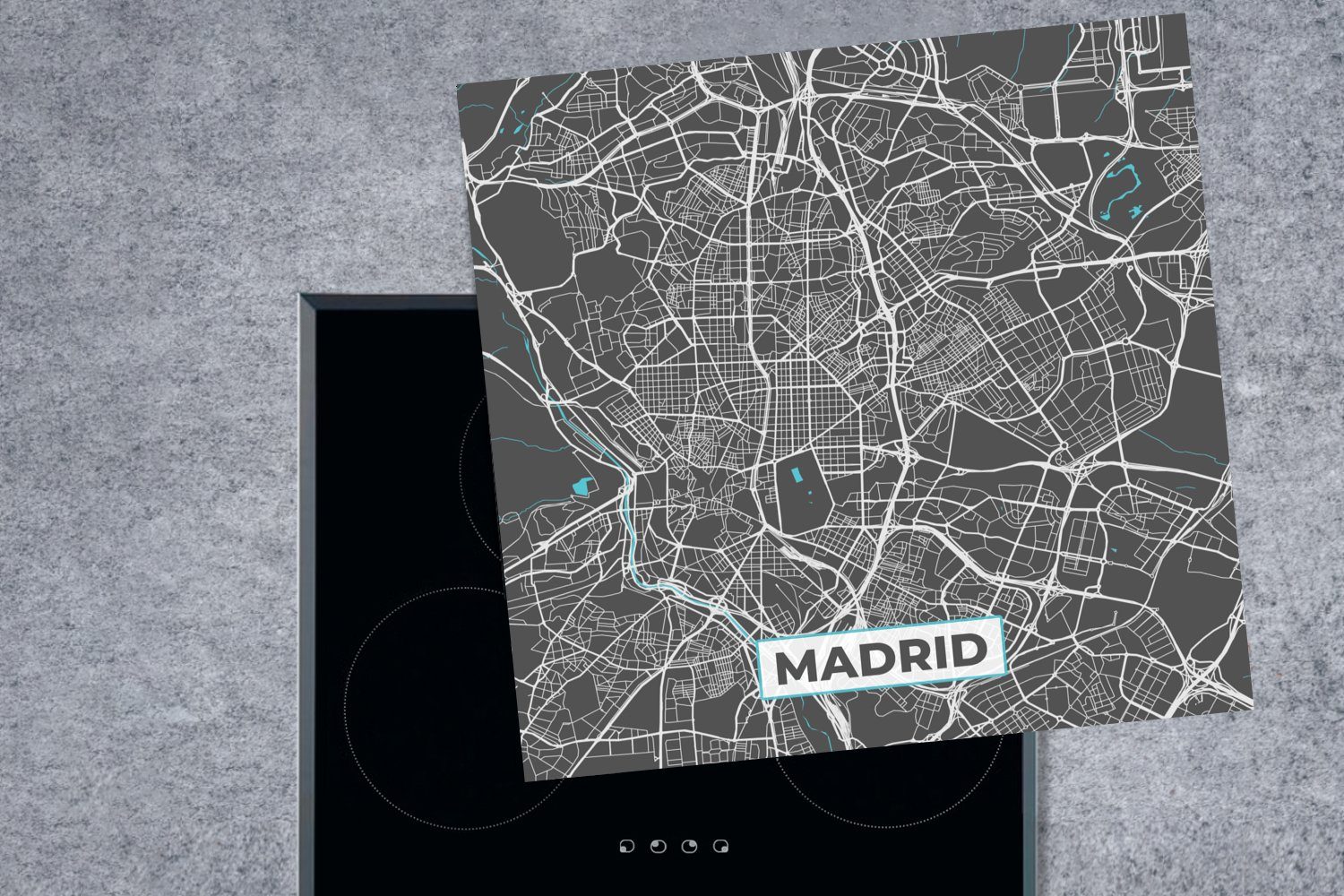 tlg), Vinyl, Stadtplan, Madrid - Arbeitsplatte Karte für - Blau Herdblende-/Abdeckplatte MuchoWow - Ceranfeldabdeckung, (1 cm, küche 78x78