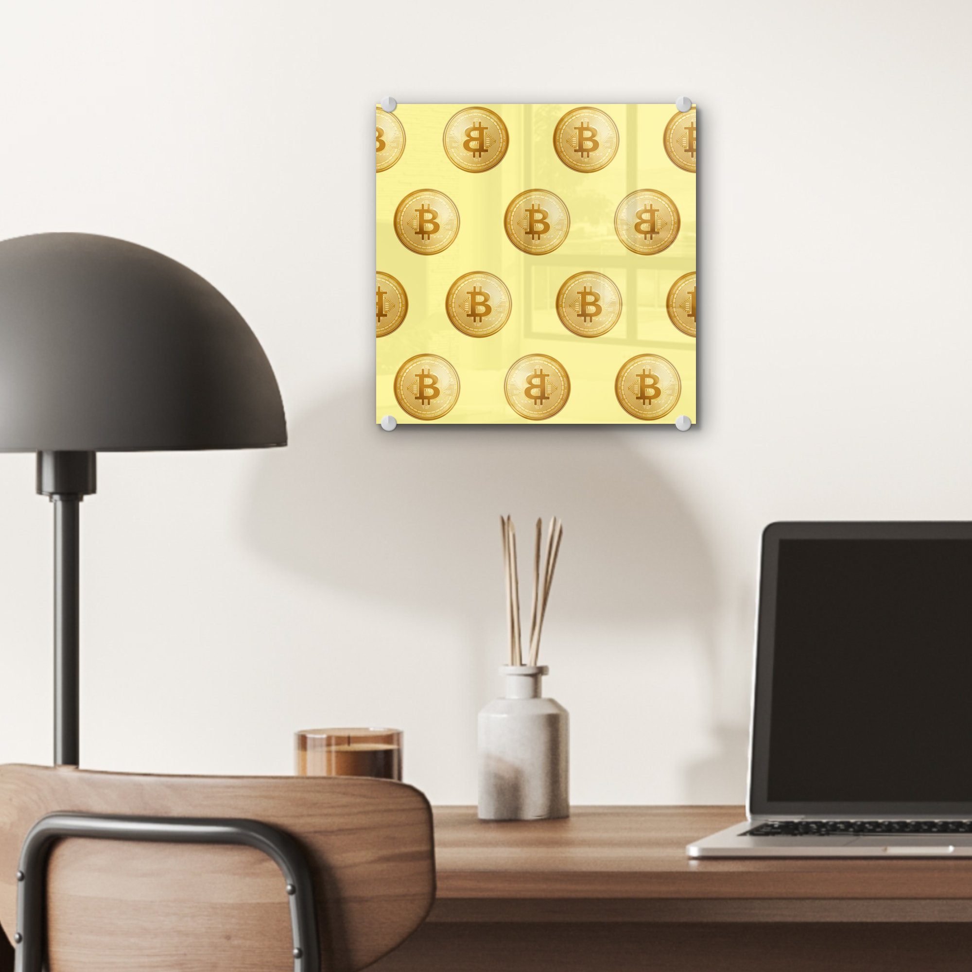 Foto - Gelb, St), auf Wandbild Acrylglasbild Bilder Glas Gold - Muster auf - (1 - MuchoWow Glas - Wanddekoration Bitcoin Glasbilder -