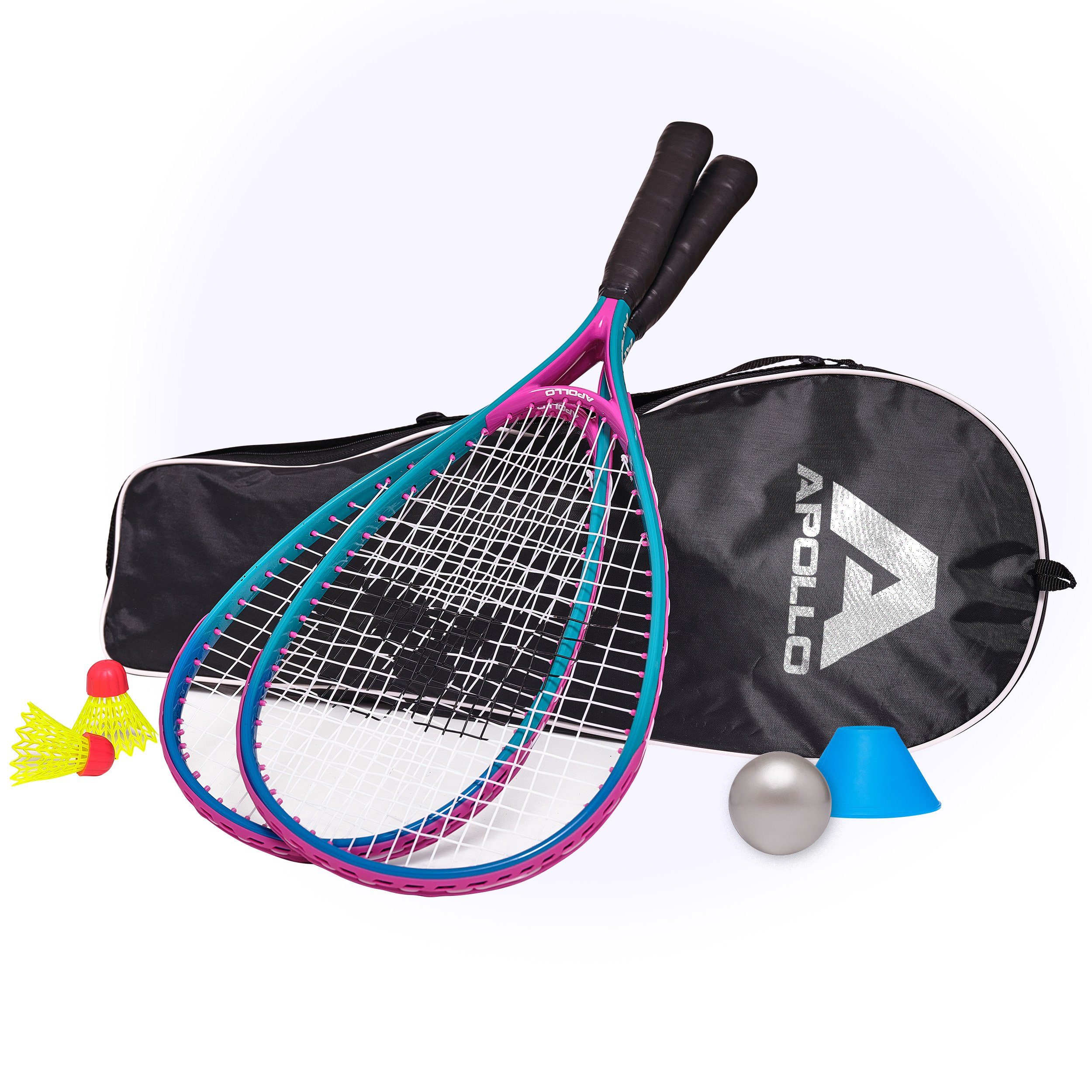 Apollo Speed-Badmintonschläger Badminton Schläger Set Kinder Speed Pro, (Set, inkl. Tragetasche, Federbällen, Schaumball und Hütchen), inkl. Tragetasche, Federbällen, Schaumball und Hütchen Blau/Pink
