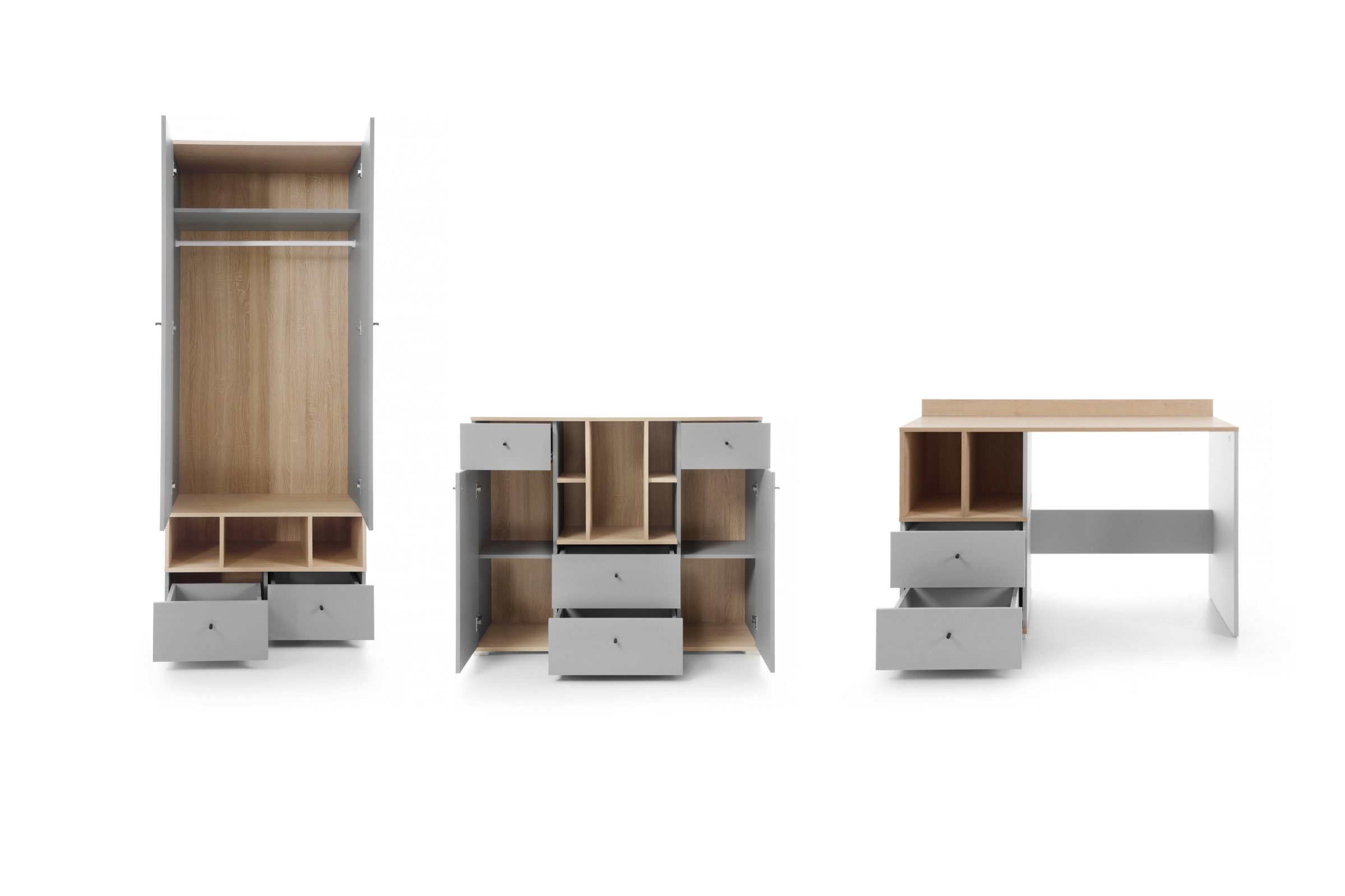 Deine Möbel 24 Jugendzimmer-Set OLAF AA (1+5+4) Kinderzimmer - Set Jugendzimmer, (Set, 3-tlg., Kleiderschrank, Schreibtsich und Kommde Sideboard), OLAF Kollektion Grau Eiche