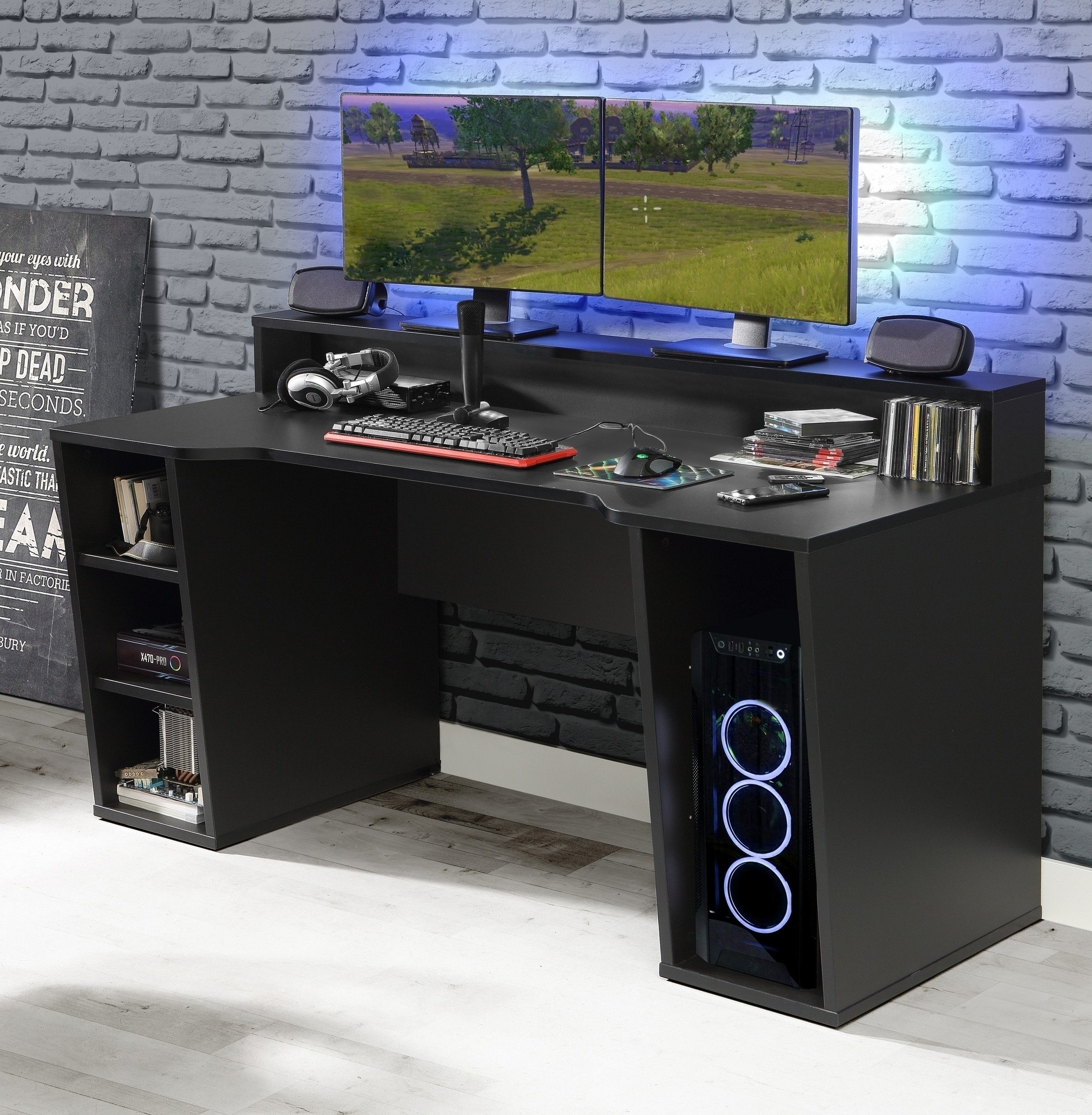freiraum Gamingtisch TEZAUR, 5 Fächer, 2 Böden, Ablage, schwarz - 160x91,1x72cm (B/H/T)