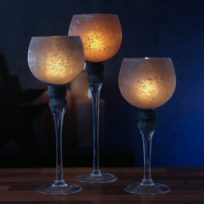 MARELIDA Windlicht Kerzenhalter Kelch FROST Glas 3 Höhen Windlicht gefrostet grau satiniert 3er Set (3 St)