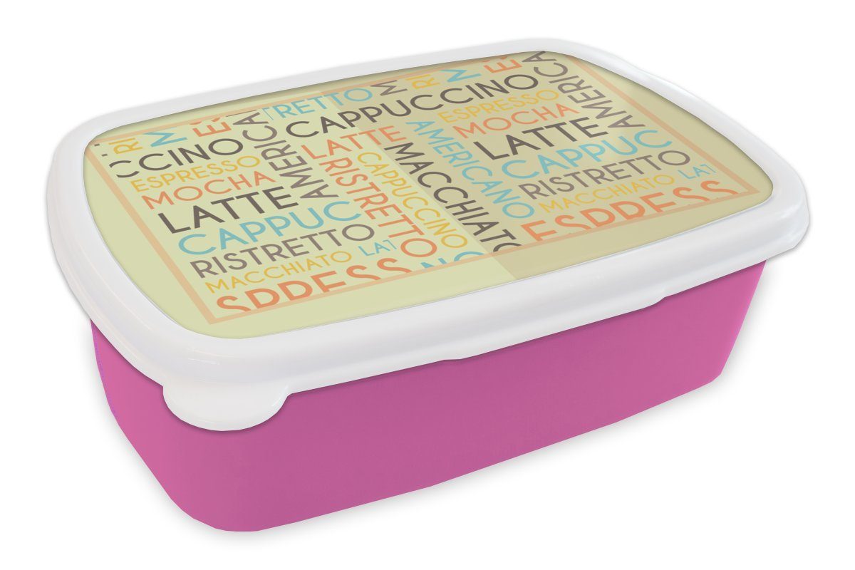 MuchoWow Lunchbox "Espresso, Latte, Cappuccino" - Kaffee - Sprichwörter - Zitate, Kunststoff, (2-tlg), Brotbox für Erwachsene, Brotdose Kinder, Snackbox, Mädchen, Kunststoff rosa