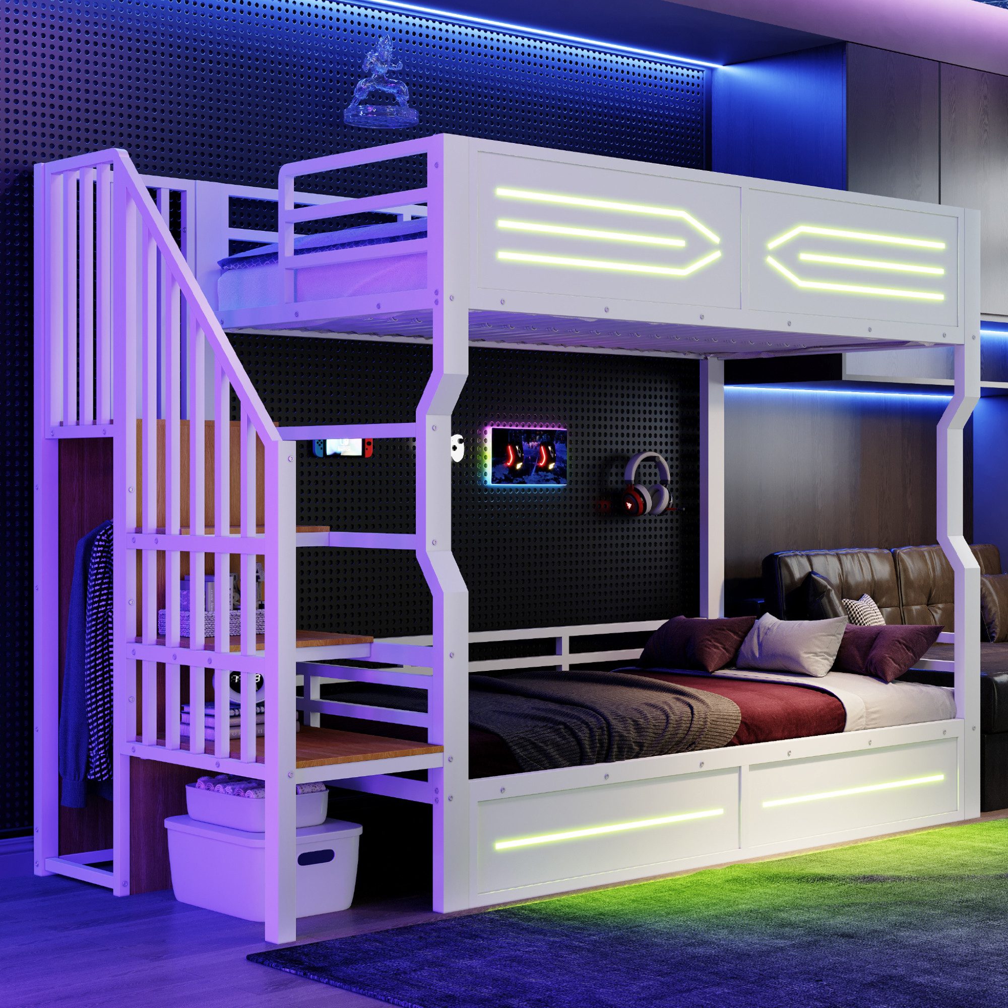 Flieks Etagenbett, Metallbett Kinderbett 90×200cm mit LED-Beleuchtung und Stauraumtreppe