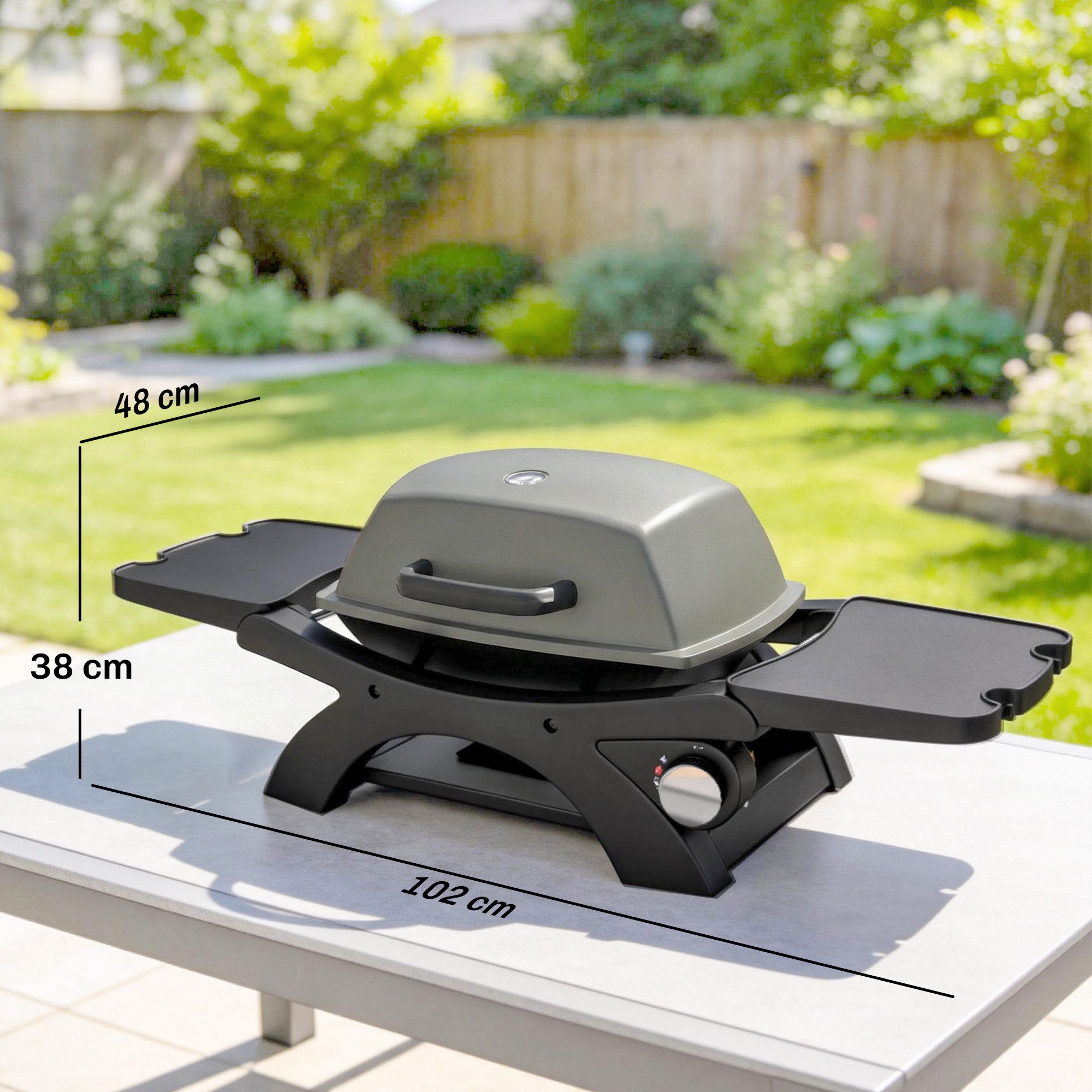 Outsunny Gasgrill mit 1 Brenner, klappbar Seitentischen, Gusseisen Grillroste, Tischgasgrill, Tischgrill, für Garten Balkon