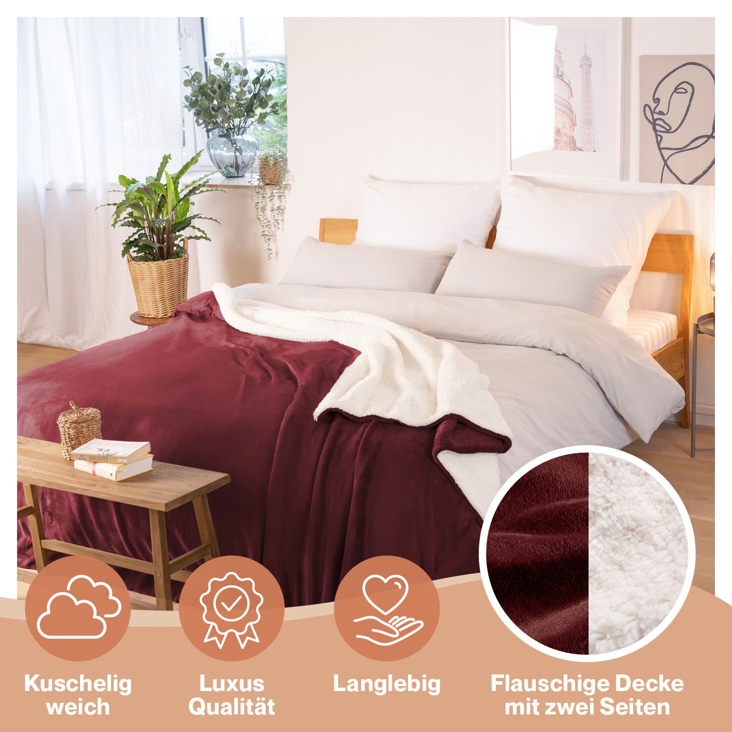 Wohndecke Sherpa-Fleecedecke, Oeko-TEX Zertifiziert, Blumtal, hochwertig, weich, warm, flauschig