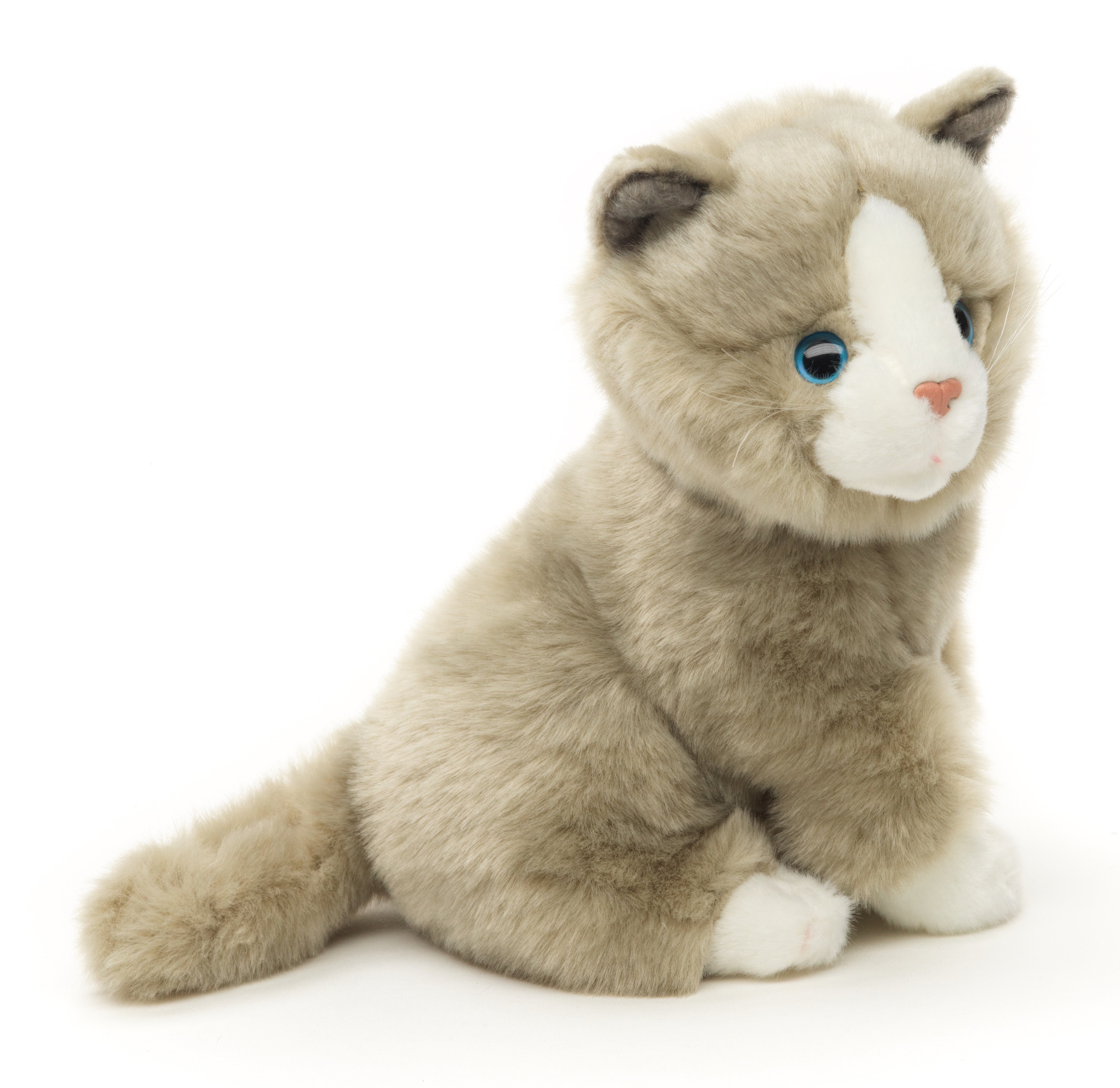 Katze, - zu 100 versch. cm sitzend recyceltes Füllmaterial 21 Uni-Toys % Kuscheltier Plüsch, Grau Fellfarben - - Plüschtier, Höhe