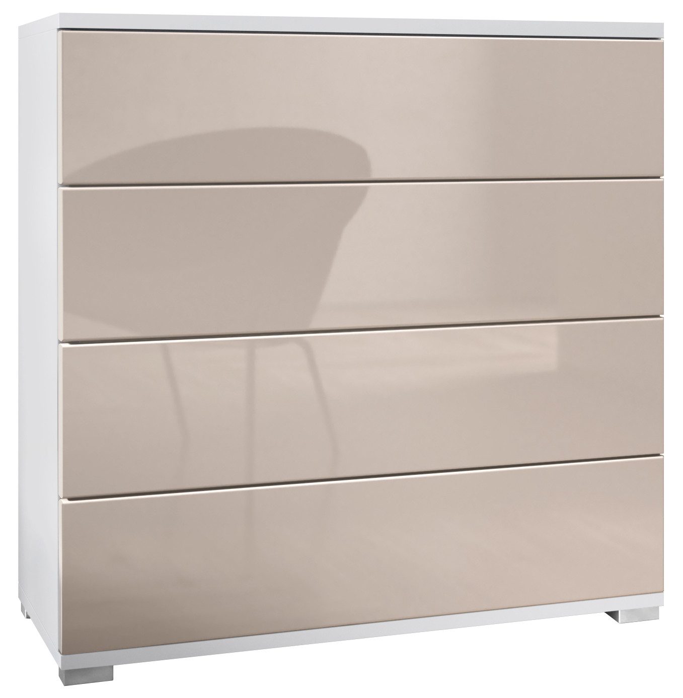 Vladon Kommode Pavos V3 (Sideboard, mit 4 Schubladen), Weiß matt/Sandgrau Hochglanz (76 x 76 x 35 cm)