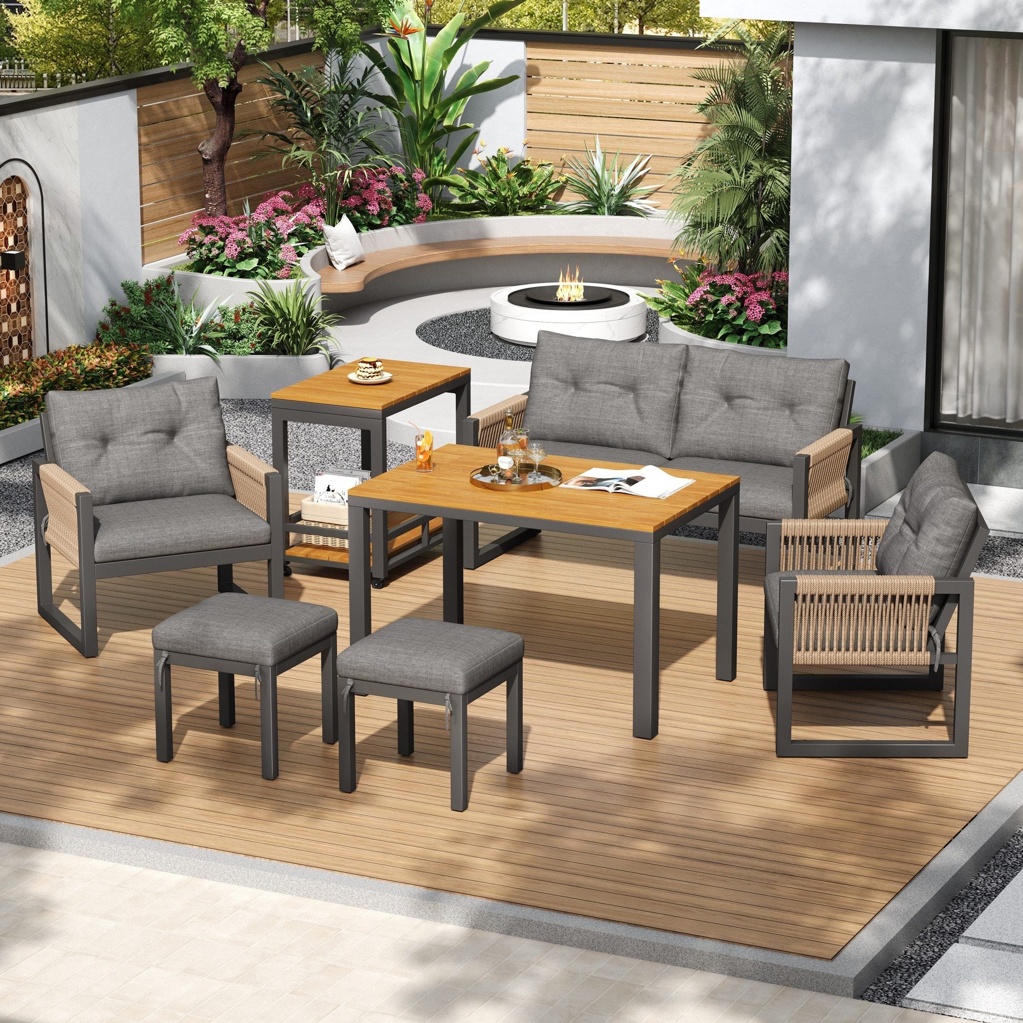 OKWISH Sitzgruppe Modernes Outdoor-Sofa-Set mit Tisch, Stuhlmaß 57x66x80 cm Tisch, (Doppelstuhl, 6-tlg., mit 1 Tisch und 3 Stühle, 2 Hocker), Freizeit- und Besprechungsset für mehrere Personen