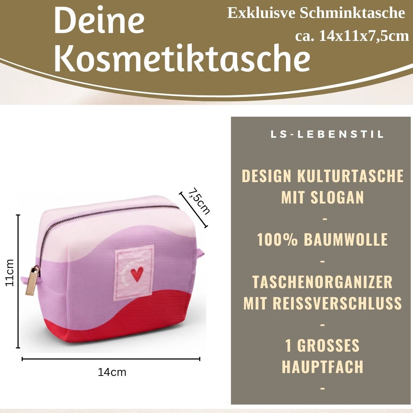 LS-LebenStil Kulturbeutel Kosmetiktasche Herz 14x11cm kleine Schminktasche günstig online kaufen