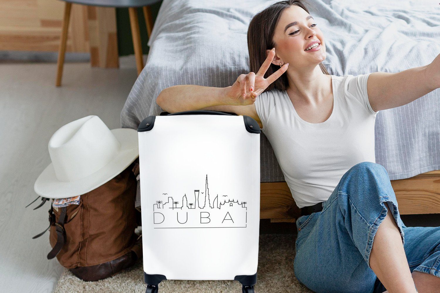"Dubai" weiß, Reisetasche mit Skyline für rollen, Handgepäck 4 Reisekoffer MuchoWow Rollen, Handgepäckkoffer Ferien, Trolley,