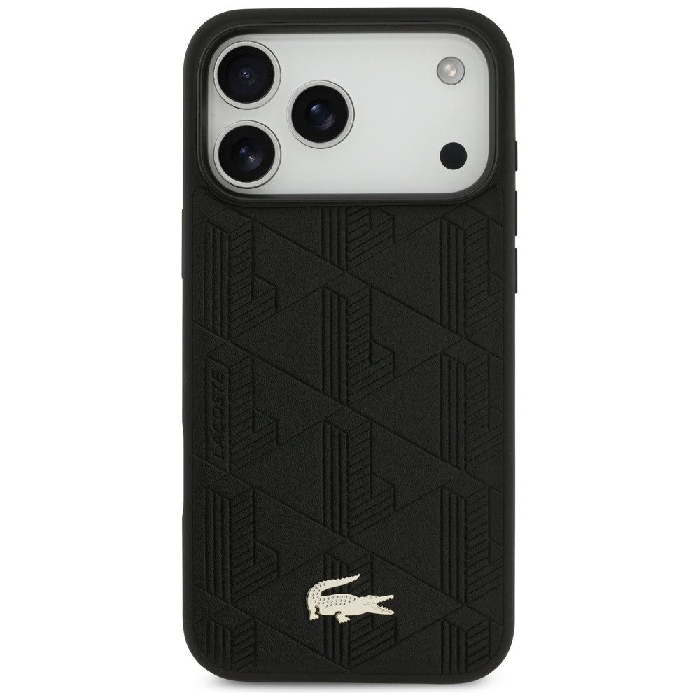 Lacoste Handyhülle iPhone 17 Pro Max Kunstleder schwarz Logo Krokodil goldfarbig. 6,9 Zoll, Kantenschutz