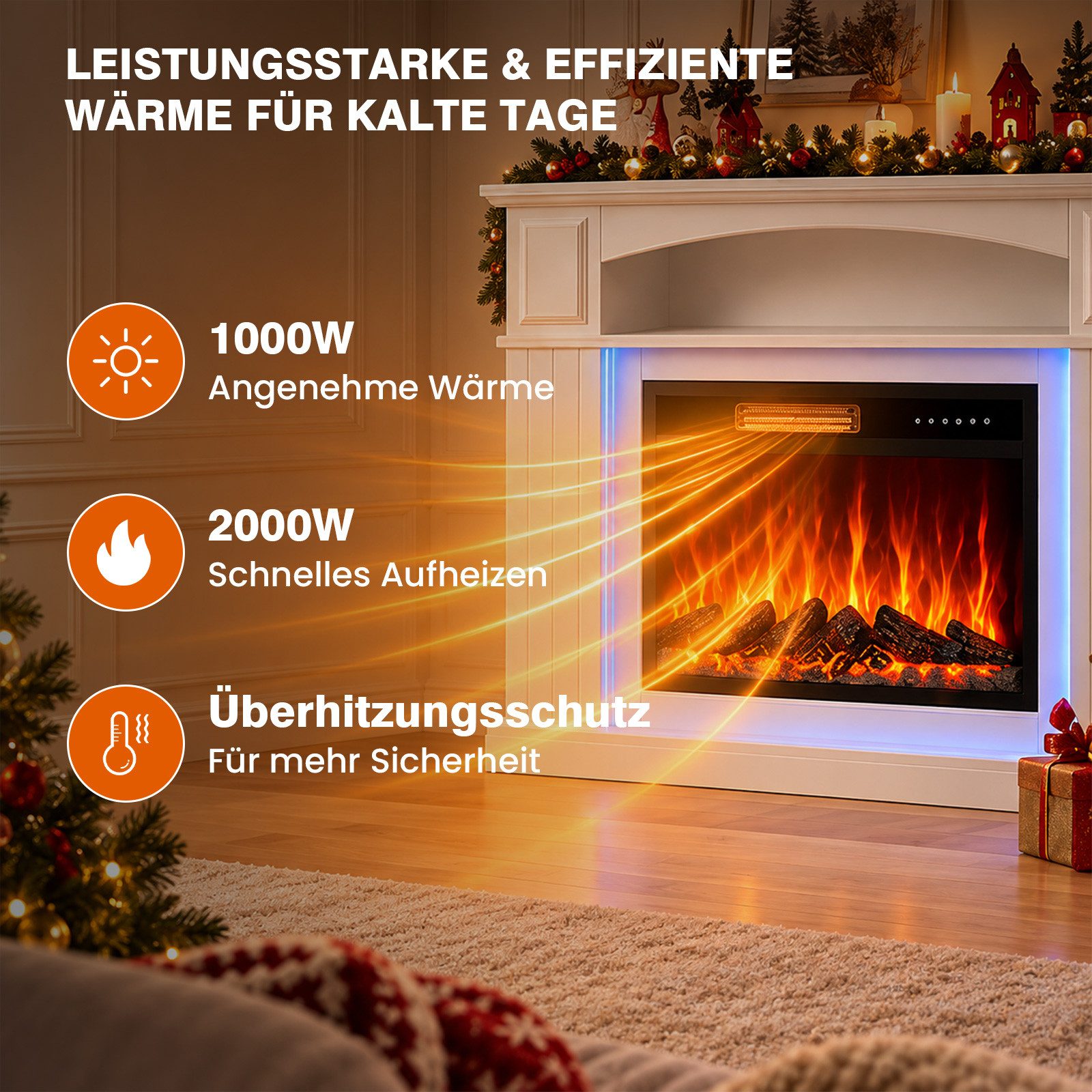 HOMAVO Elektrokamin mit Schrank, 23", 1000/2000W Heizung, 3D-Flammeneffekt, Schrankgröße: 100 × 26 × 87 cm, LED-Leiste, Fernbedienung – Bild 2 von 5