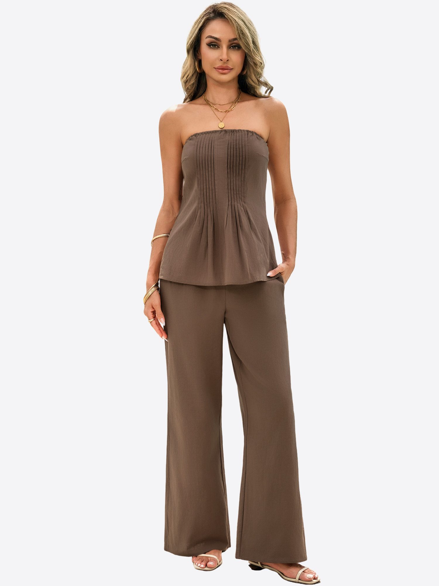 Imily Bela Hausanzug Damen Zweiteilig Schulterfrei Plissierter Oberteil mit weiter Hose (Packung, 2 tlg., 2er-Pack, Top+Hose) in Unifarbe aus Baumwolle