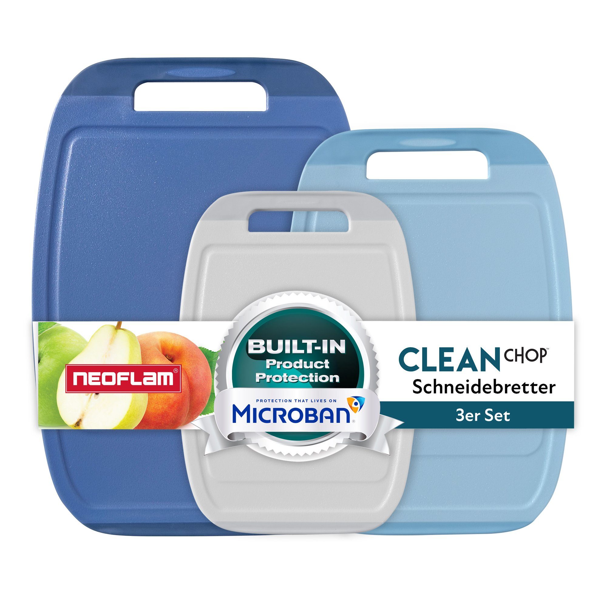 NEOFLAM® Schneidebrett BiJu Antibakterielles Schneidebrettset, 3tlg. Grau/Hellblau/Marineblau, Kunststoff (PP), (3-St)