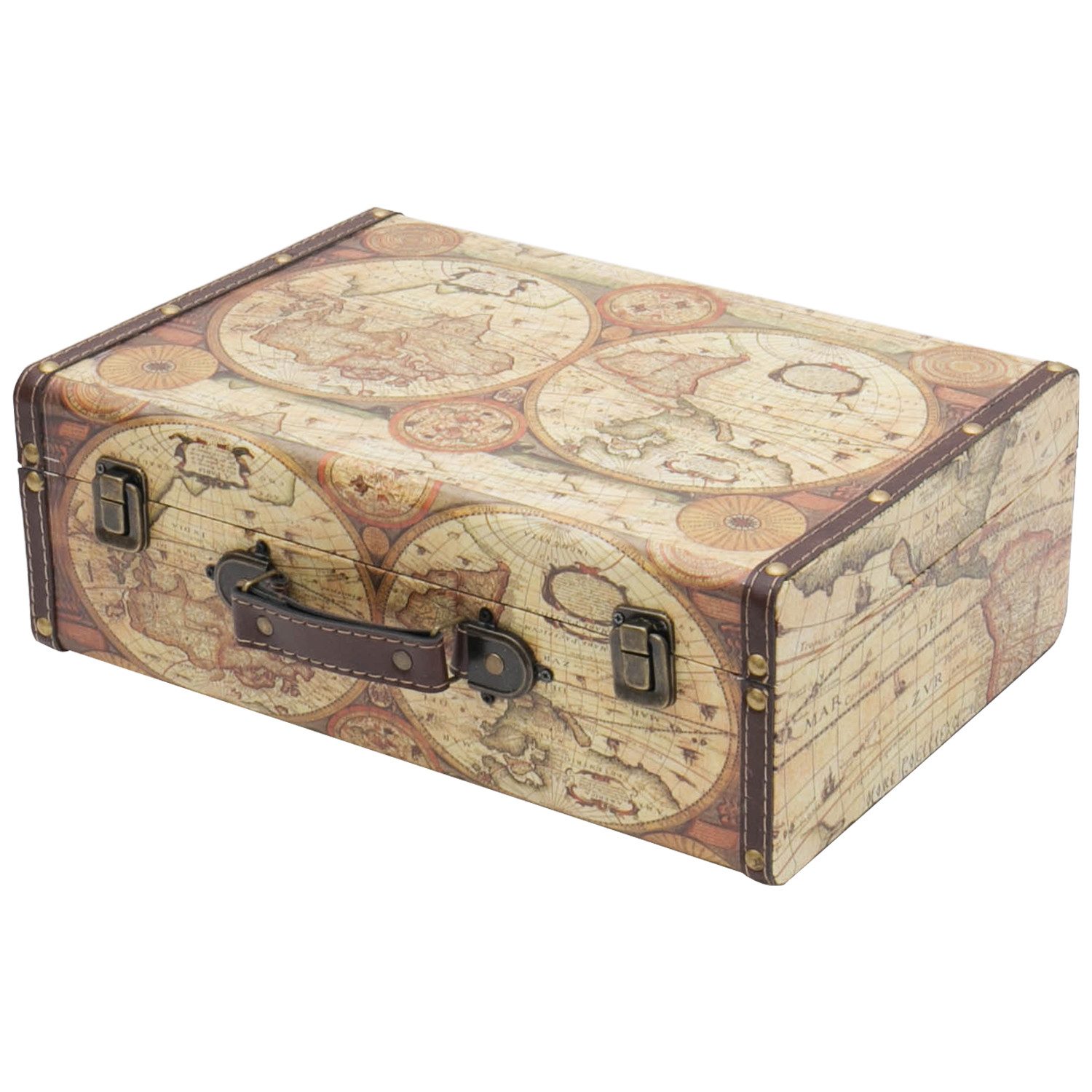 HMF Aufbewahrungsbox Vintage Koffer Holz, Aufbewahrungsbox mit Deckel und Ledergriff als, Geschenkidee für Hochzeit Geburtstag, Weltkarte Farbe, 38 x 26 x 13 cm