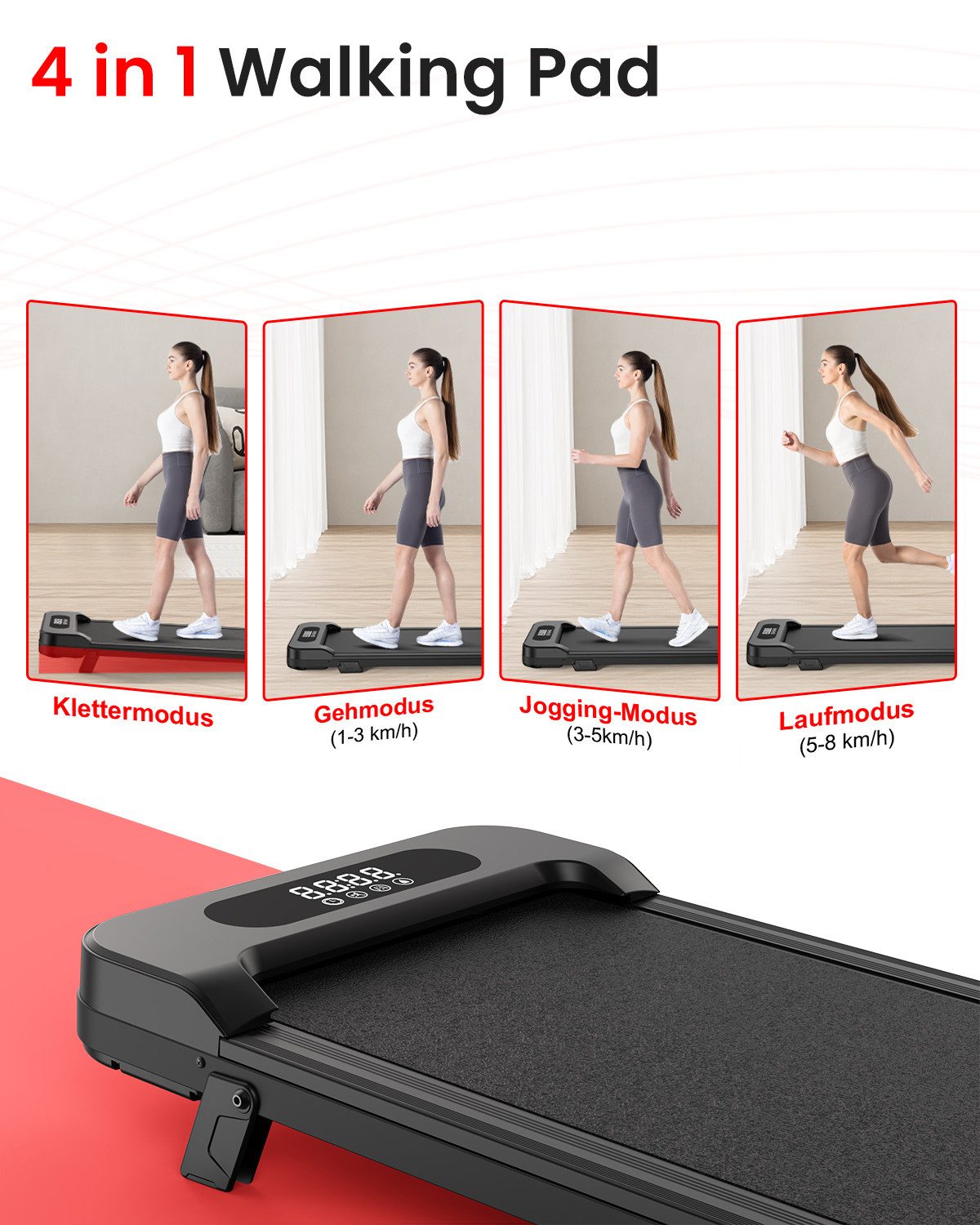 Dskeuzeew Laufband Klappbare Laufbänder 4 in 1 - Laufband mit 5% Steigung (1-8 km/h - LED-Anzeige - Noise<45db), Elektrisches 2.5PS Laufgerät für Zuhause bis 130KG