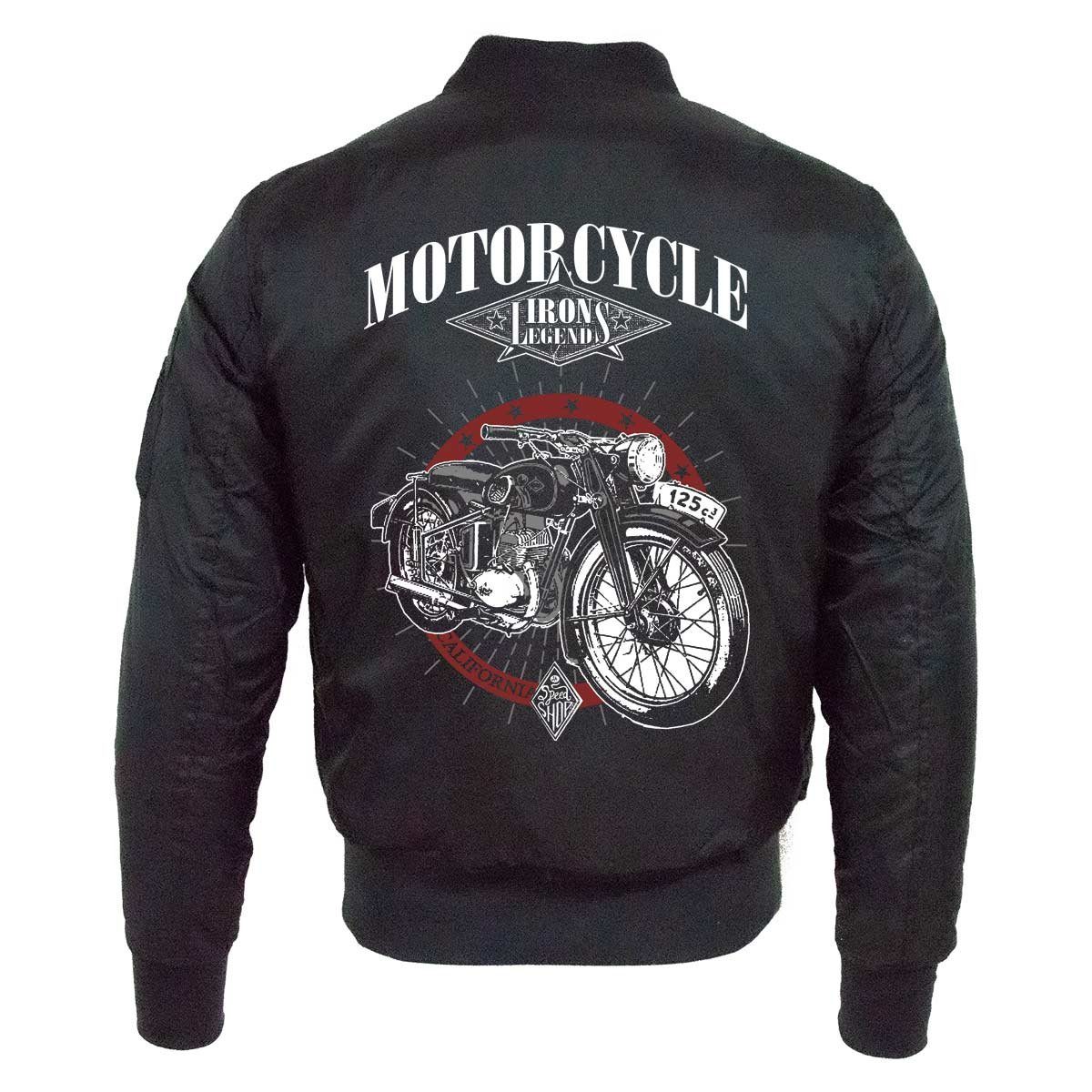 Rebel On Wheels Bomberjacke Blouson,Harrington Jacke Schwarz Iron Legend mit Biker / Motorrad Motiv