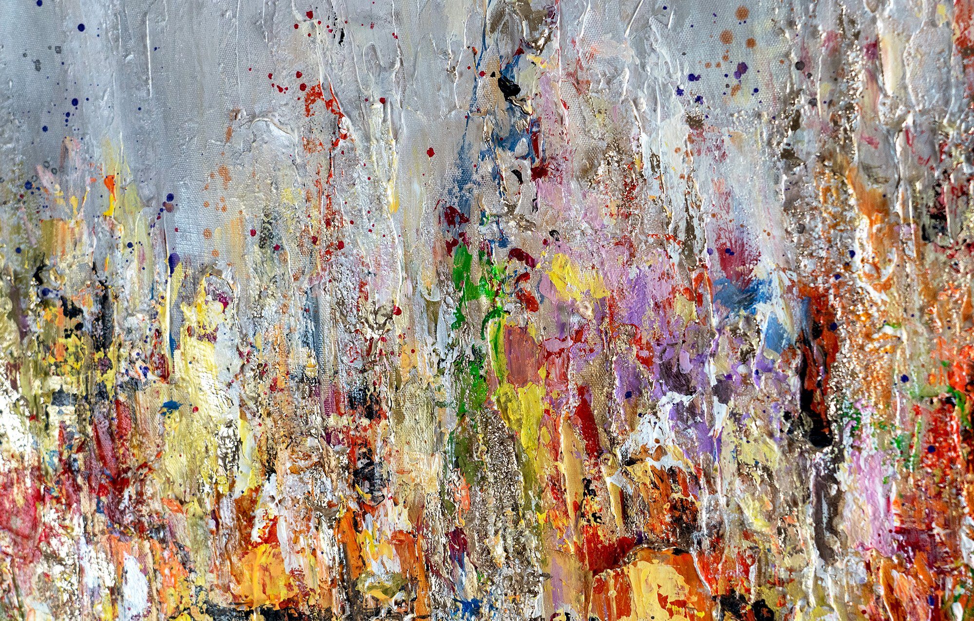 YS-Art Gemälde Heller Horizont, Abstraktion, Buntes Abstraktes Leinwandbild mit einem goldenen Schattenfugenrahmen